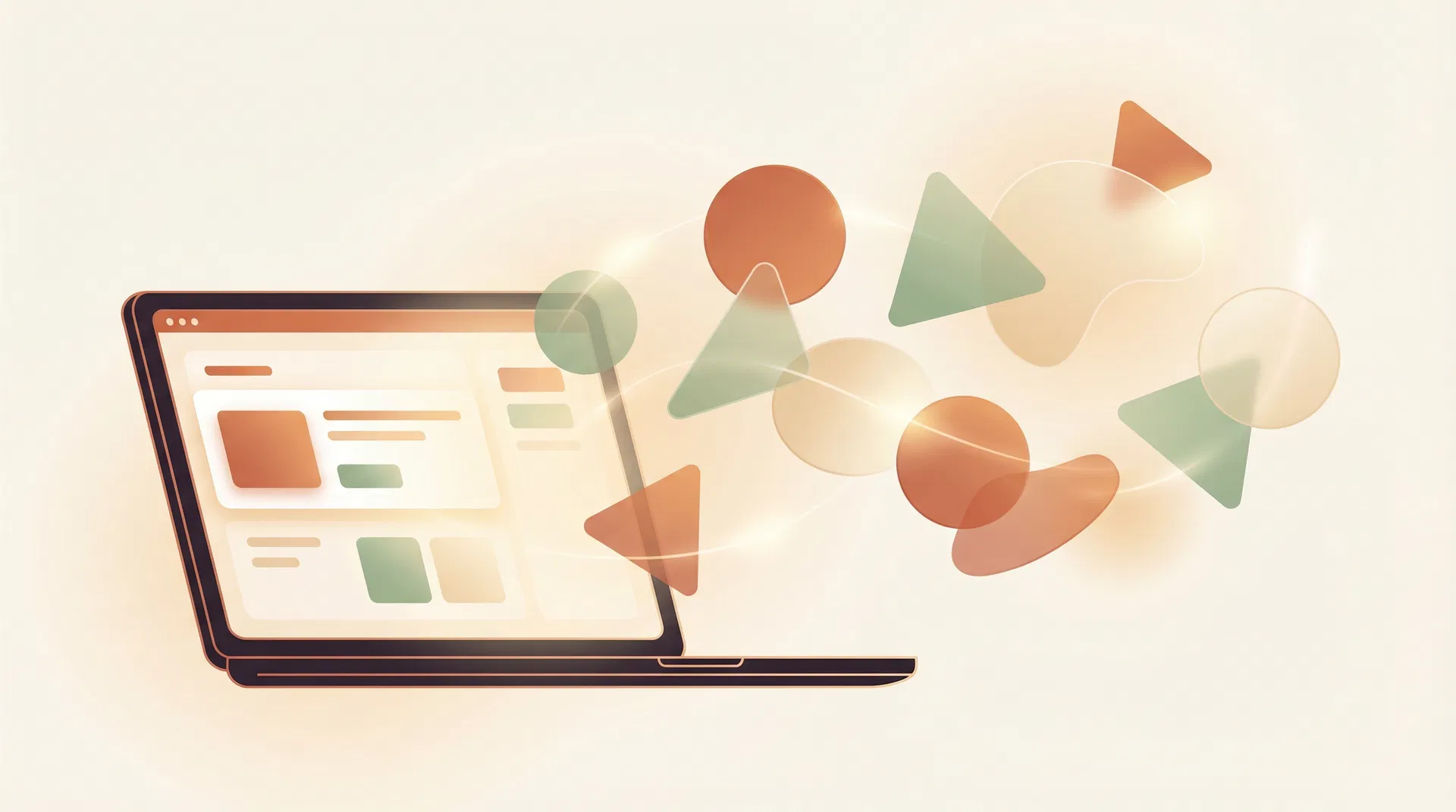 Website building illustration showing a laptop with a clean website design and floating geometric shapes