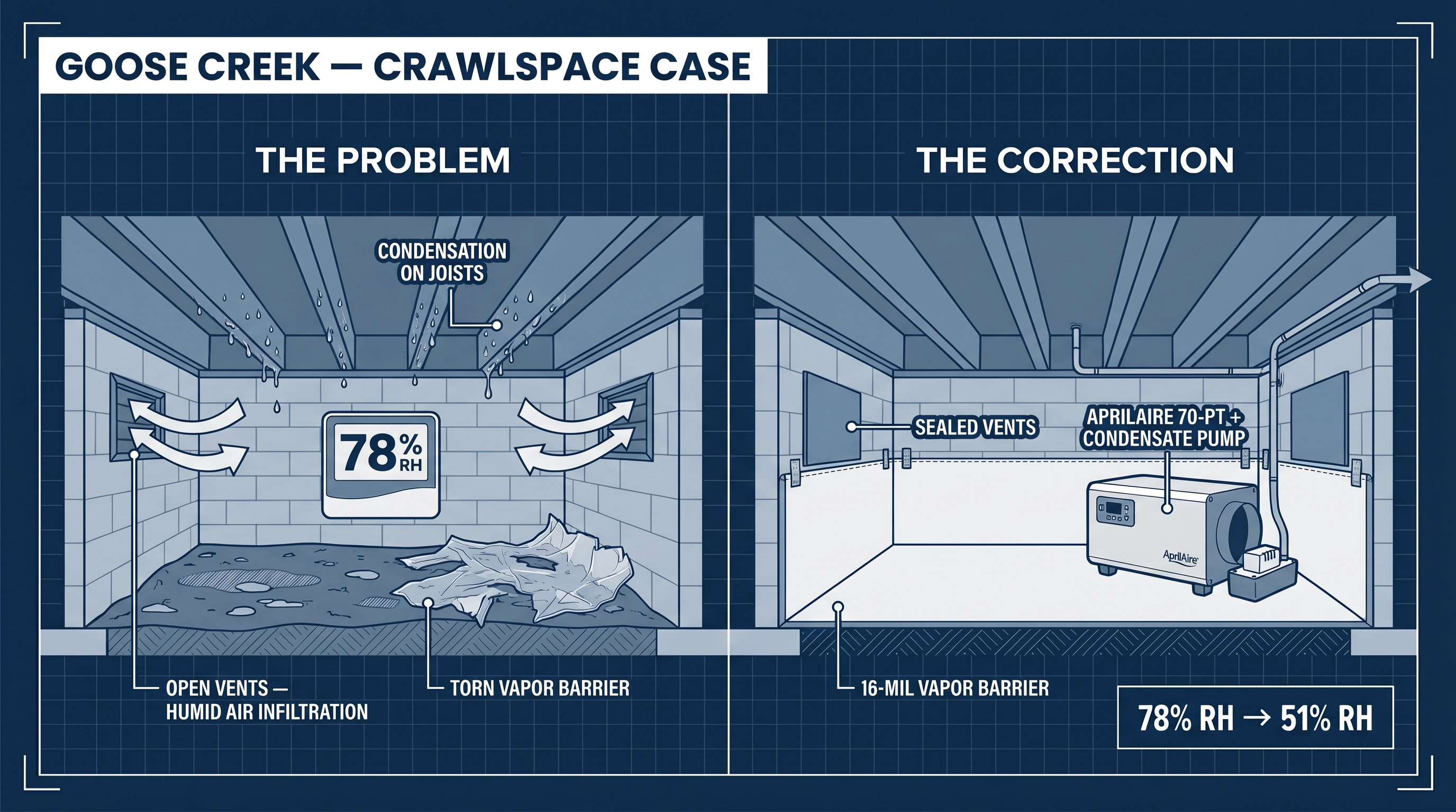 Open Foundation Vents and a Failed Vapor Barrier: A Goose Creek Crawlspace Case Study — crawlspace case study