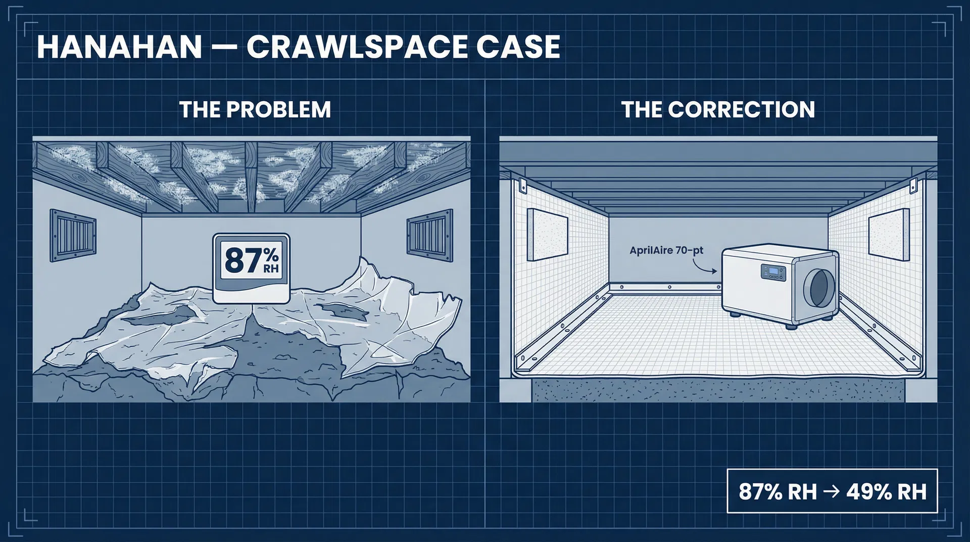 Torn Vapor Barrier and 87% Humidity in a Hanahan Crawlspace — What We Found — Crawlspace Correct LLC case study, Charleston, SC