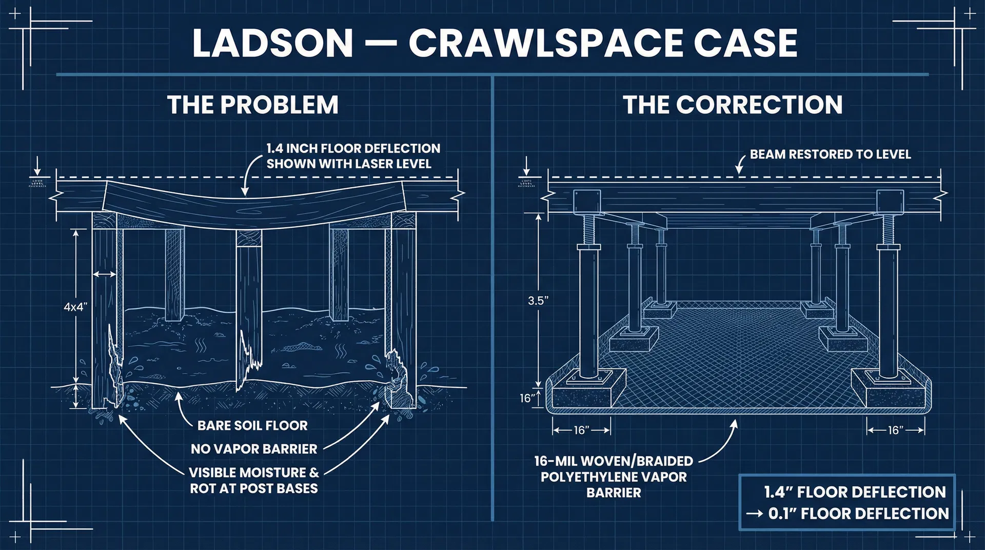 Floor Bounce and Sagging Supports in a Ladson Crawlspace — A Foundation Settlement Case — Crawlspace Correct LLC case study, Charleston, SC