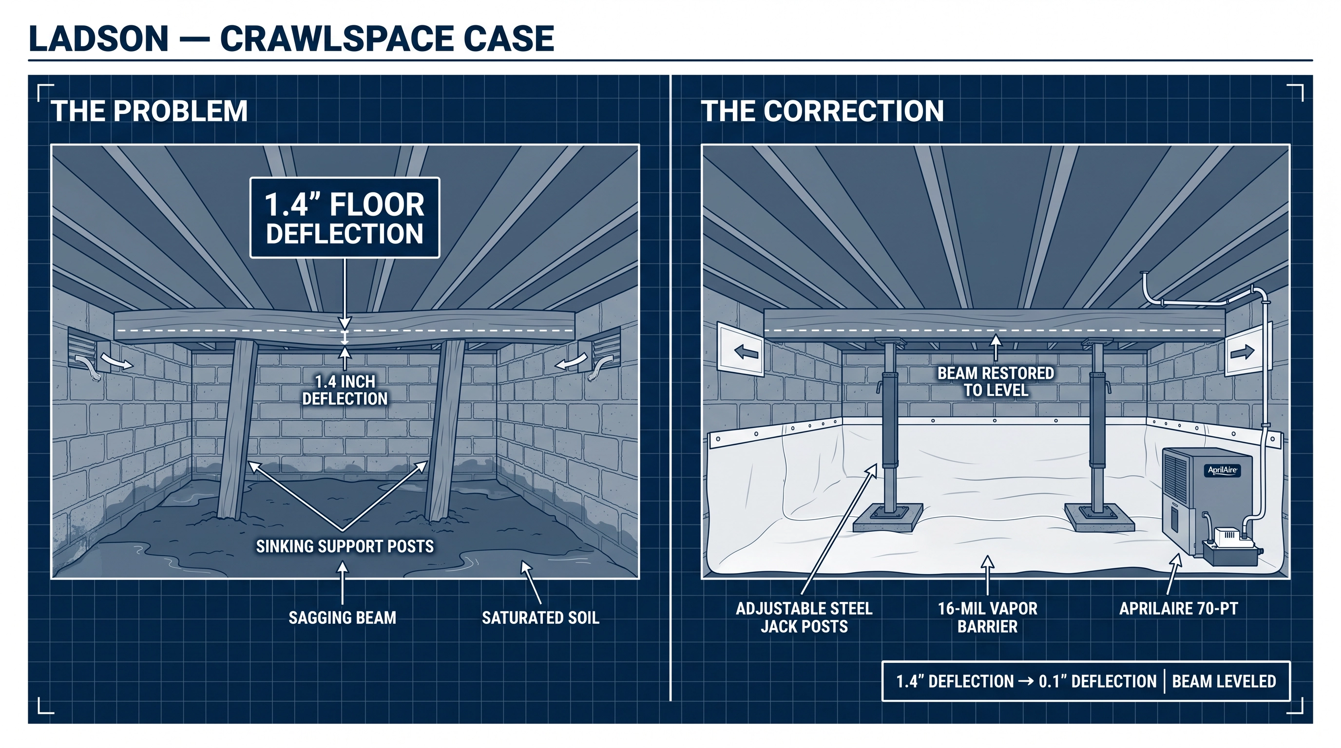 Sinking Support Posts and a Bouncy Floor: A Ladson Foundation Settlement Case Study — Crawlspace Correct LLC case study, Charleston, SC