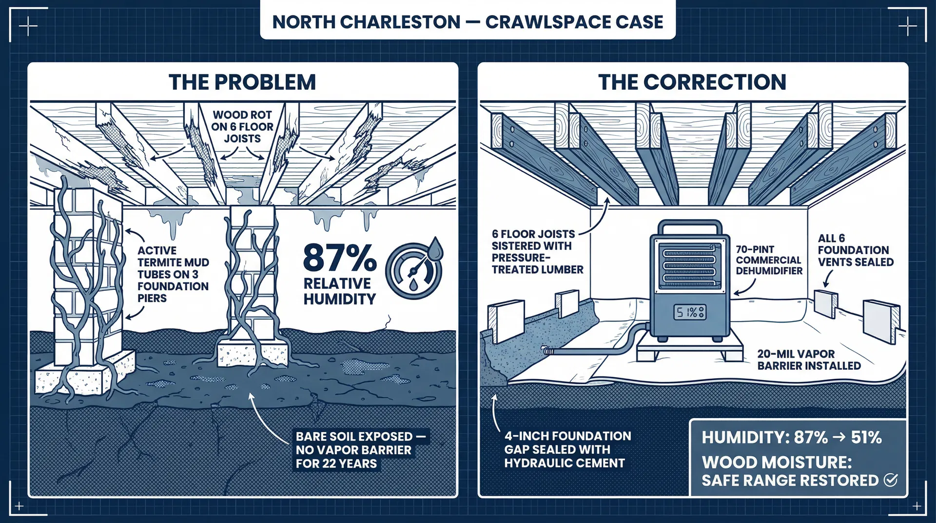 Termite Damage and Rotting Floor Joists in North Charleston: What 22 Years Without Encapsulation Looks Like