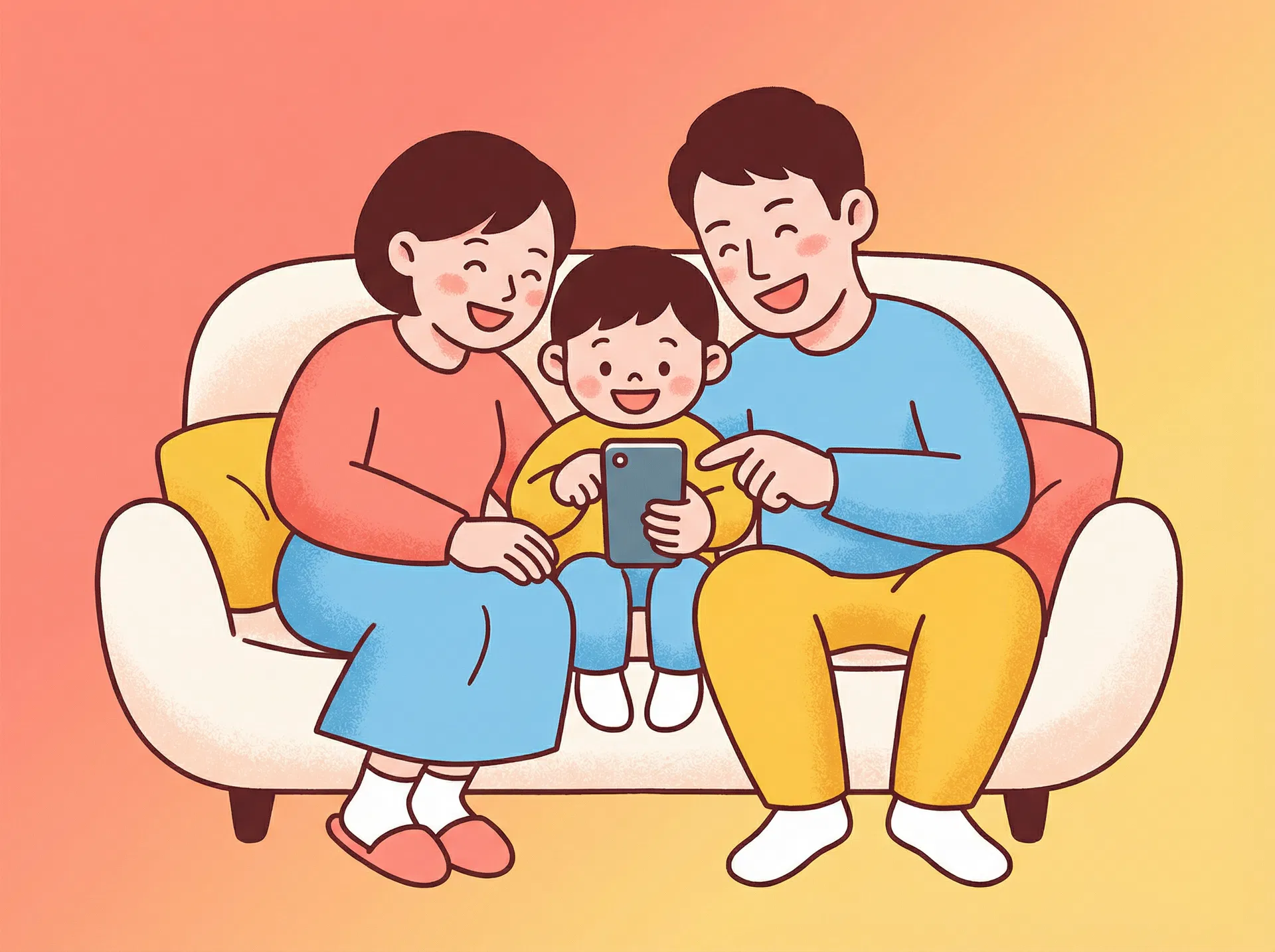 家族でアプリを使うイラスト