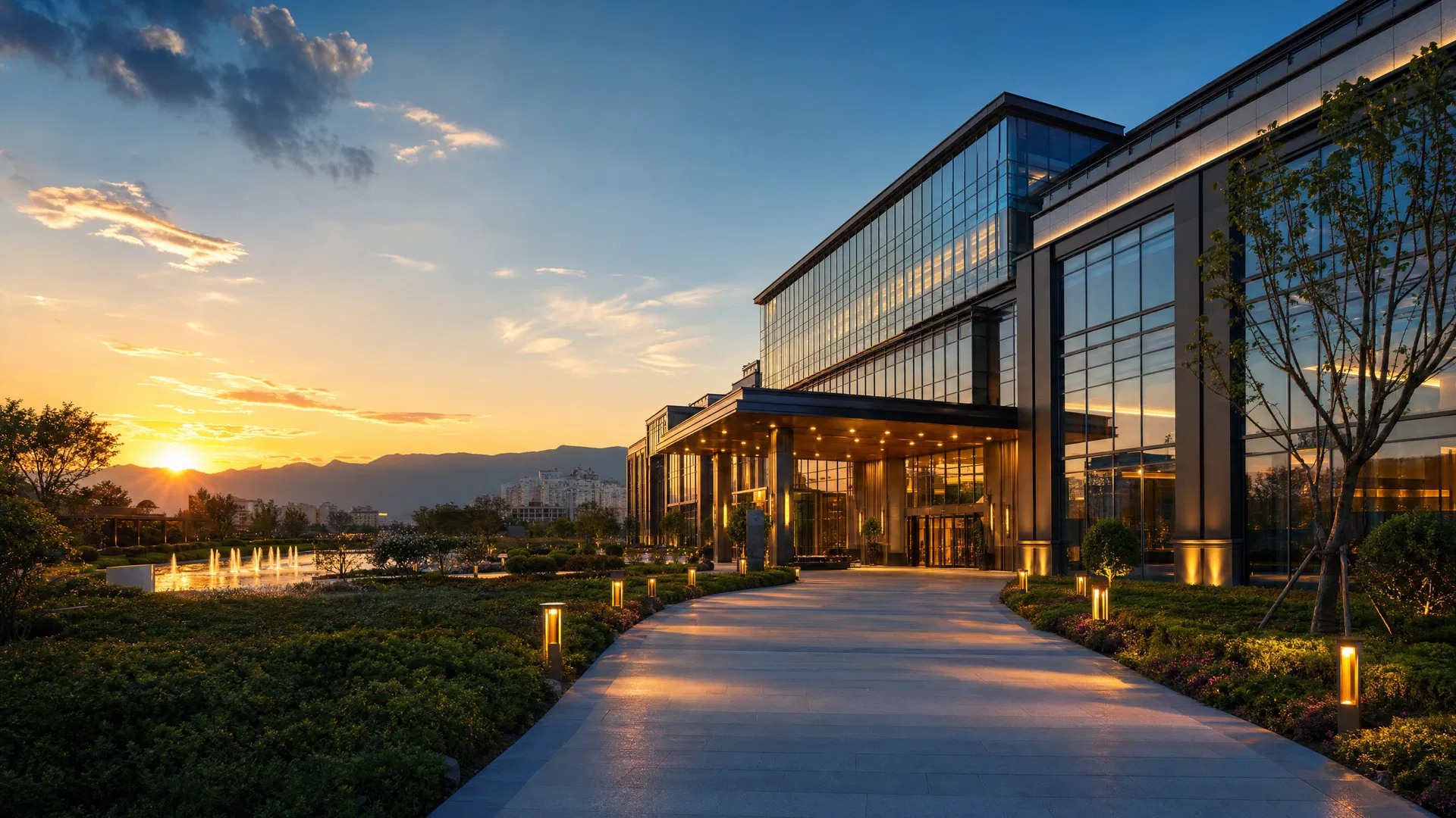 Conference venue at golden hour