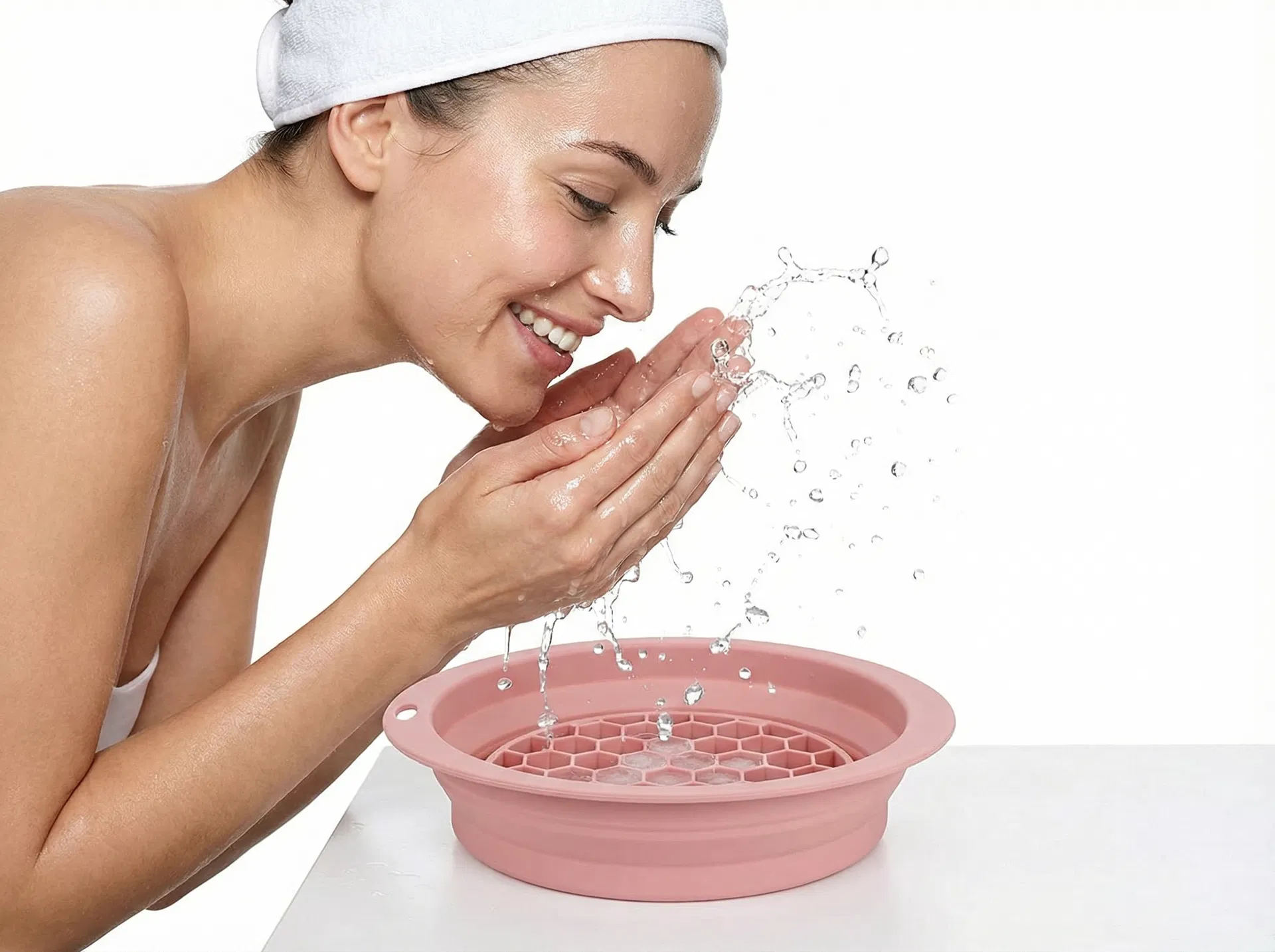 Woman using ice facial bowl
