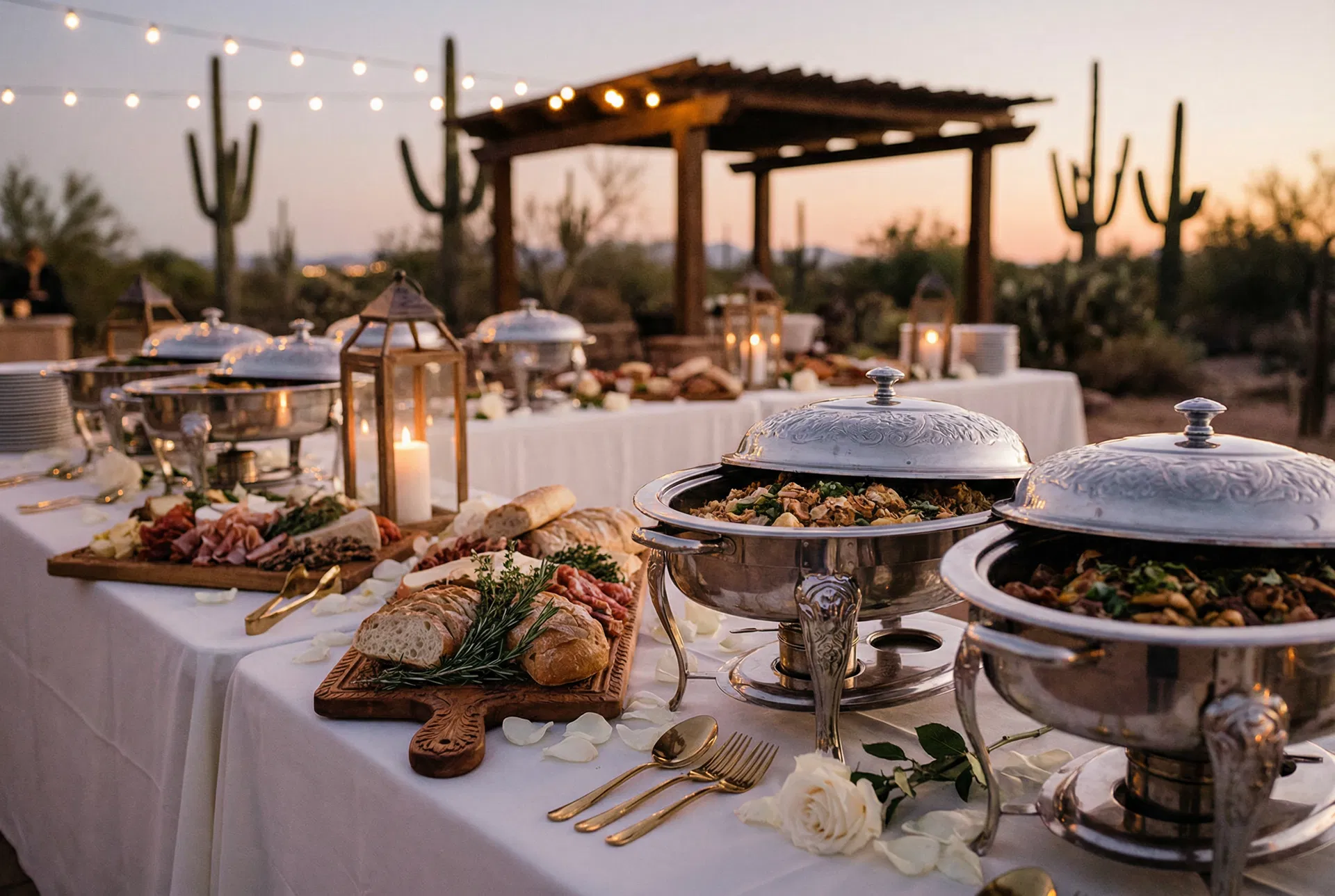 Luxury wedding cocktail hour catering spread with artisan charcuterie boards and chafing dishes — Scottsdale AZ wedding caterer