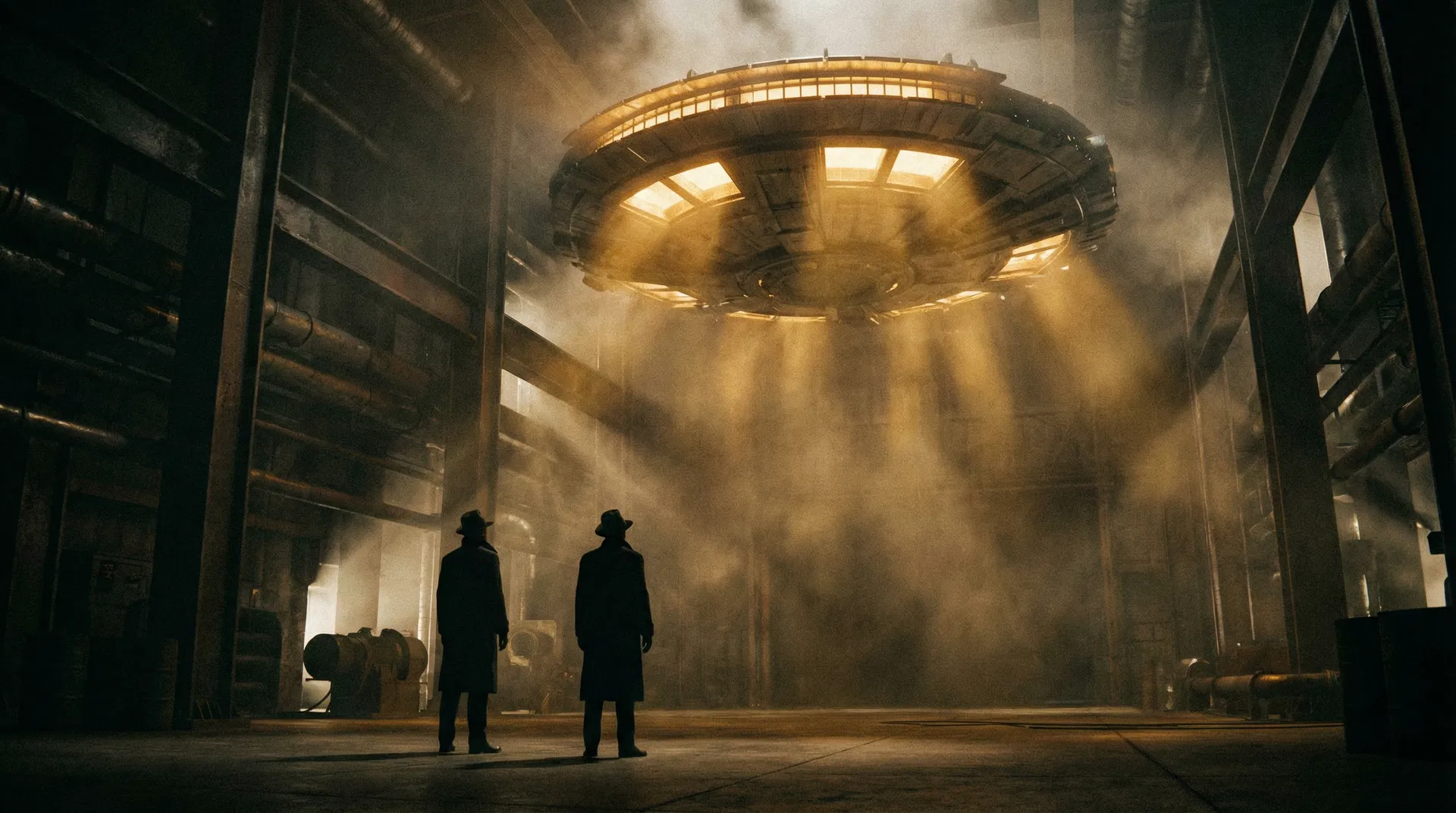 Two investigators standing before an anomalous craft