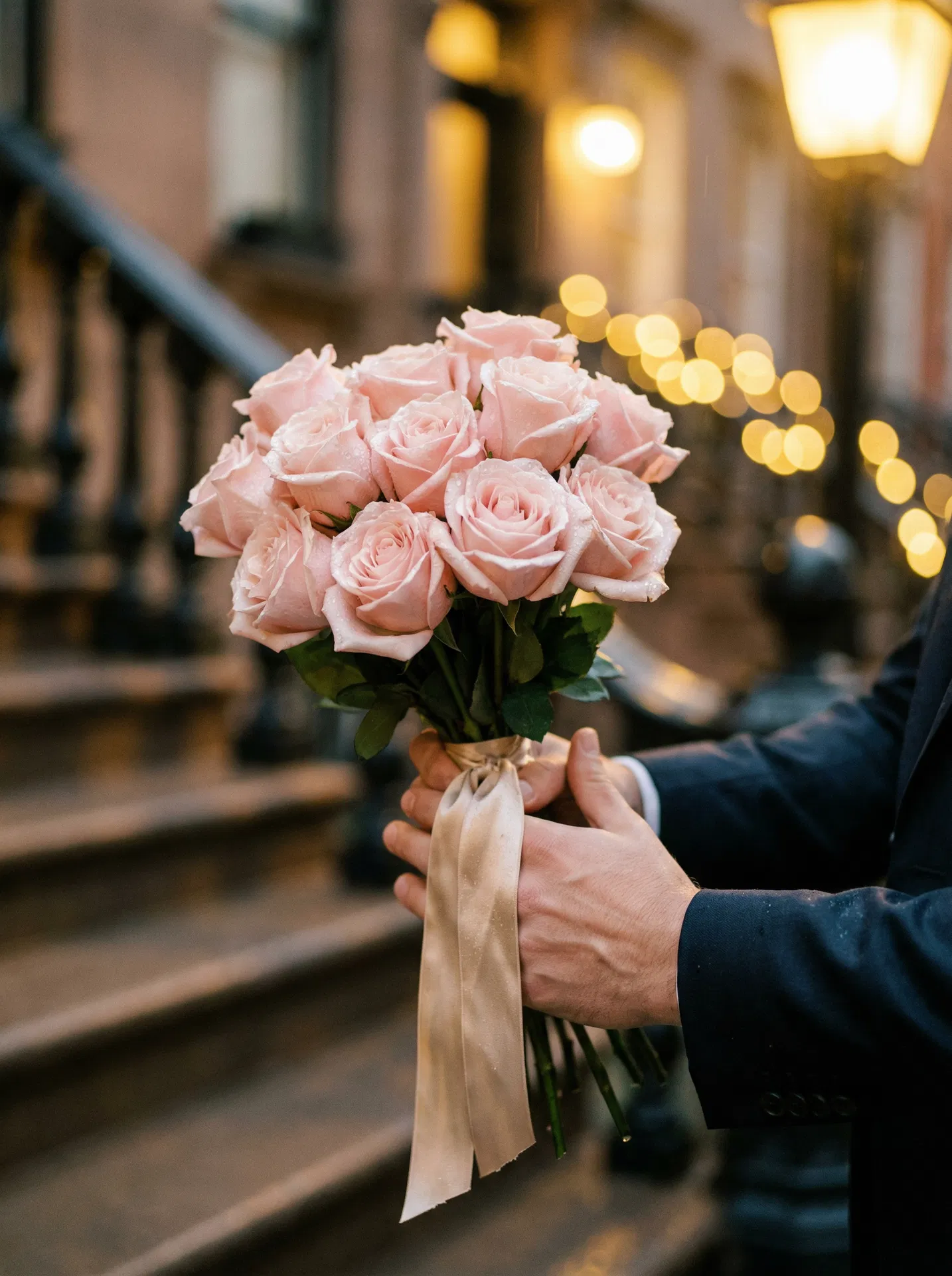 Man presenting roses on a brownstone stoop