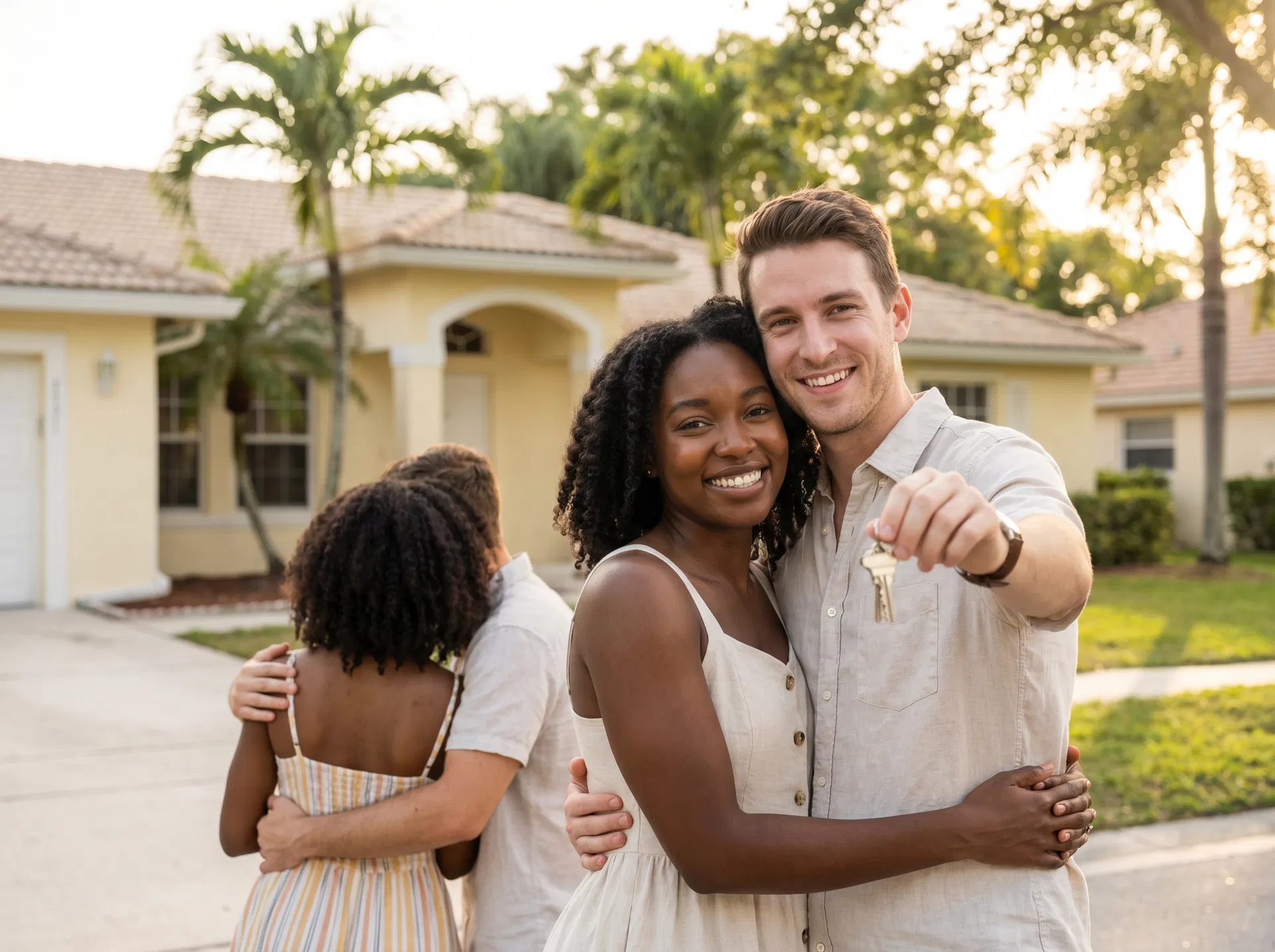 Happy homeowners with keys to their new Florida home