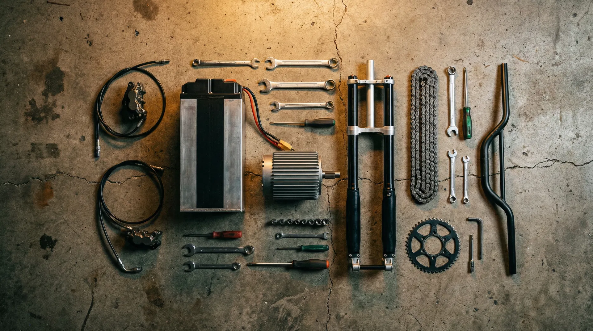 Electric dirt bike components flat lay