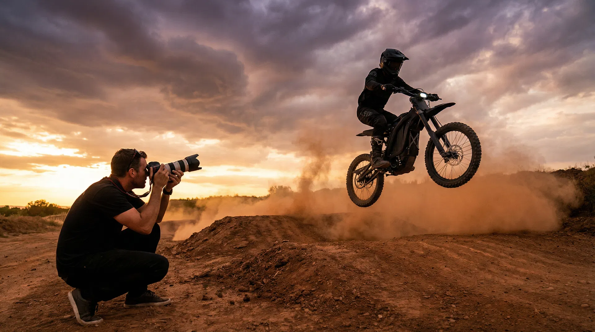 Photographer capturing electric dirt bike jump