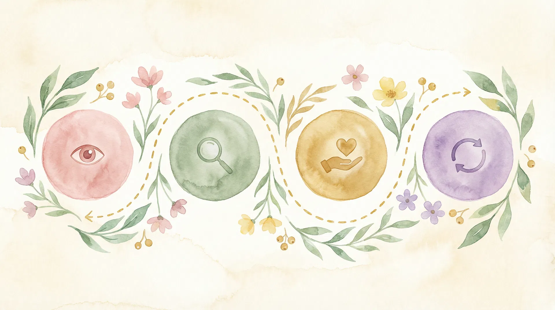 The four pillars of the Hopeful Hearts Method: Observe, Identify, Act, Sustain — connected by a golden path with botanical decorations