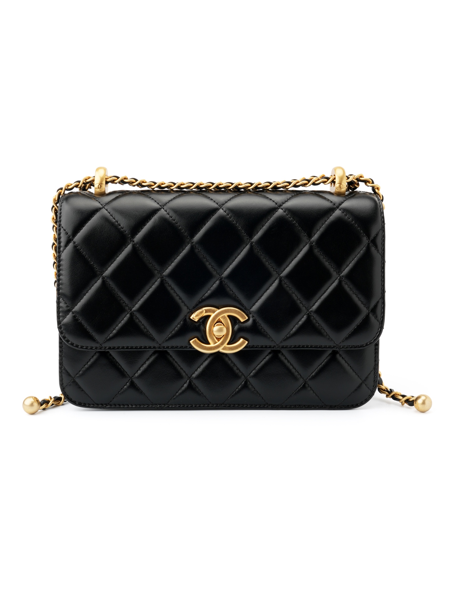 Double Gold Pearl Chain Flap Bag & Black