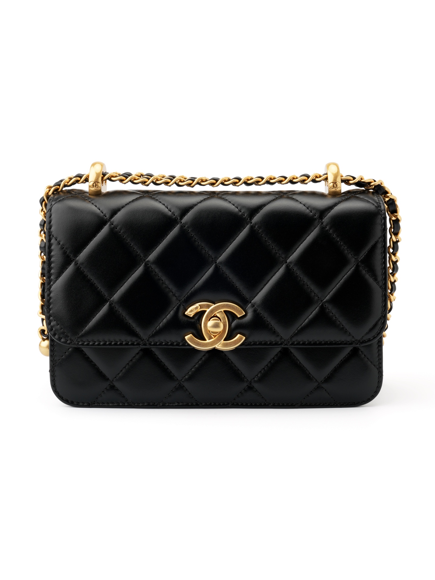 Double Gold Bead Chain Mini Flap Bag & Black