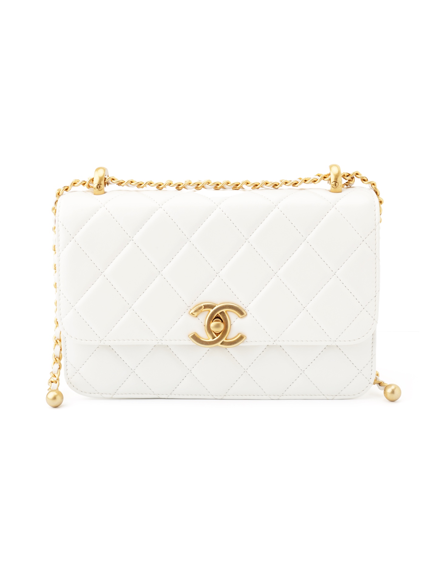 Double Gold Pearl Chain Flap Bag & White