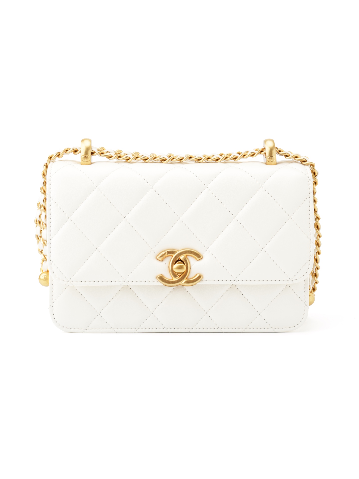 Double Gold Bead Chain Mini Flap Bag & White