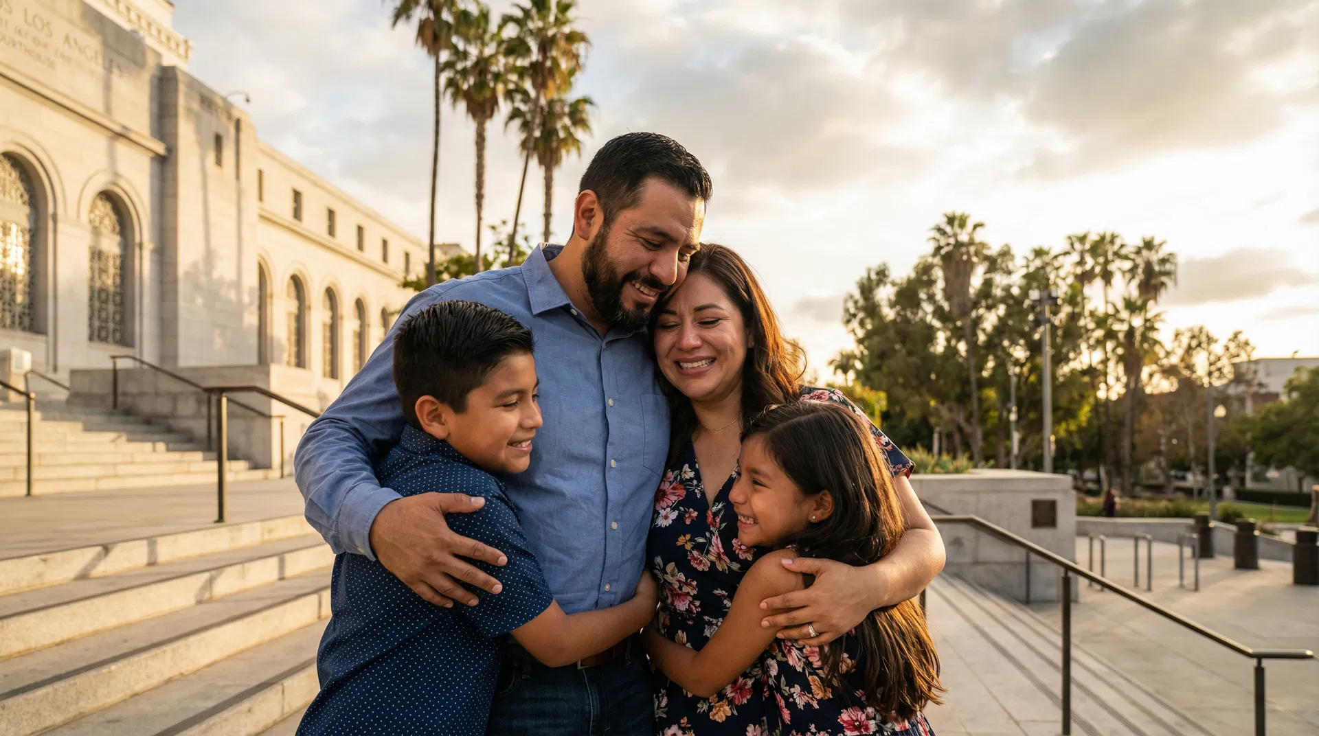 Latino family celebrating legal victory outside Los Angeles courthouse