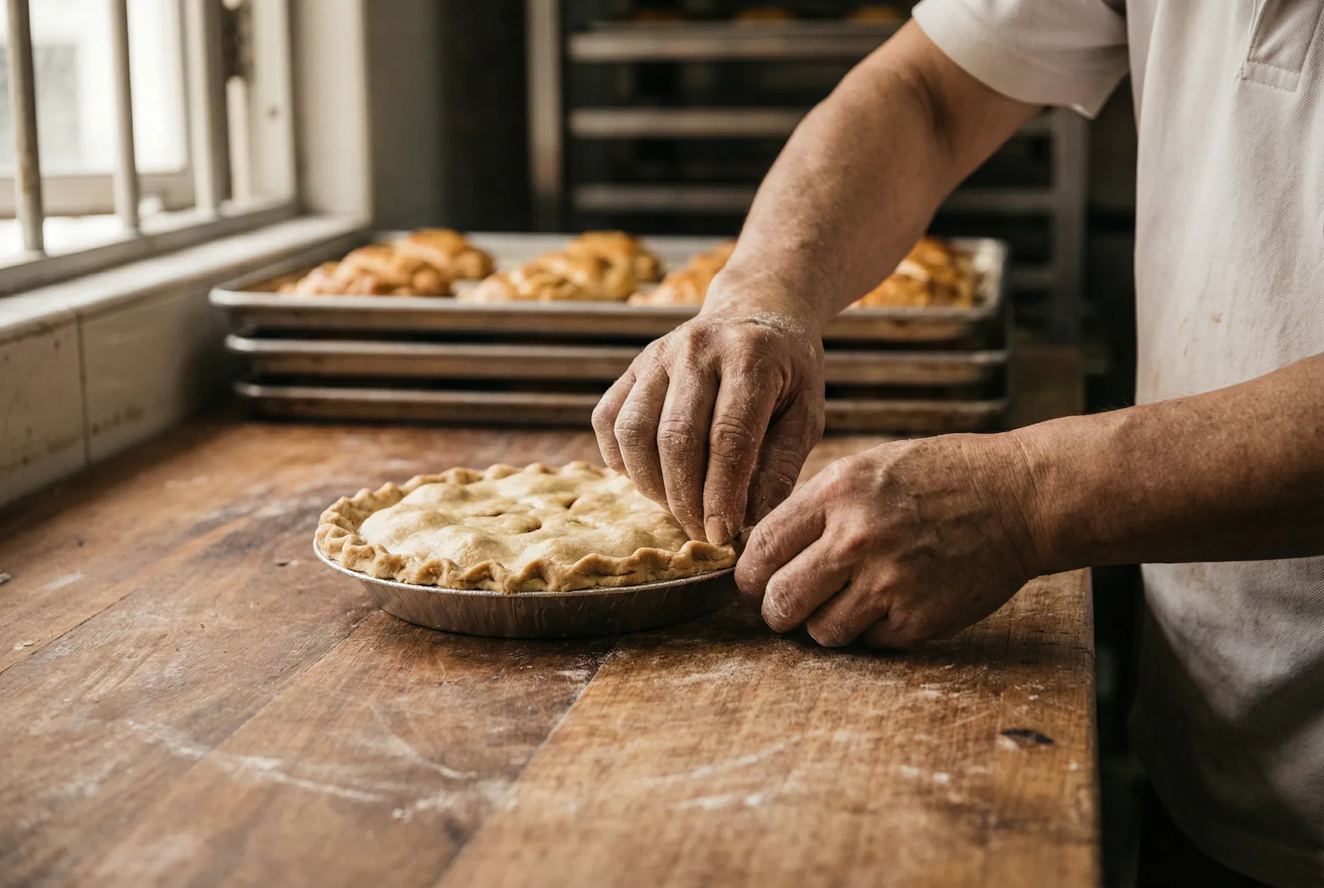 Baker's hands crafting a Dona Manis banana pie