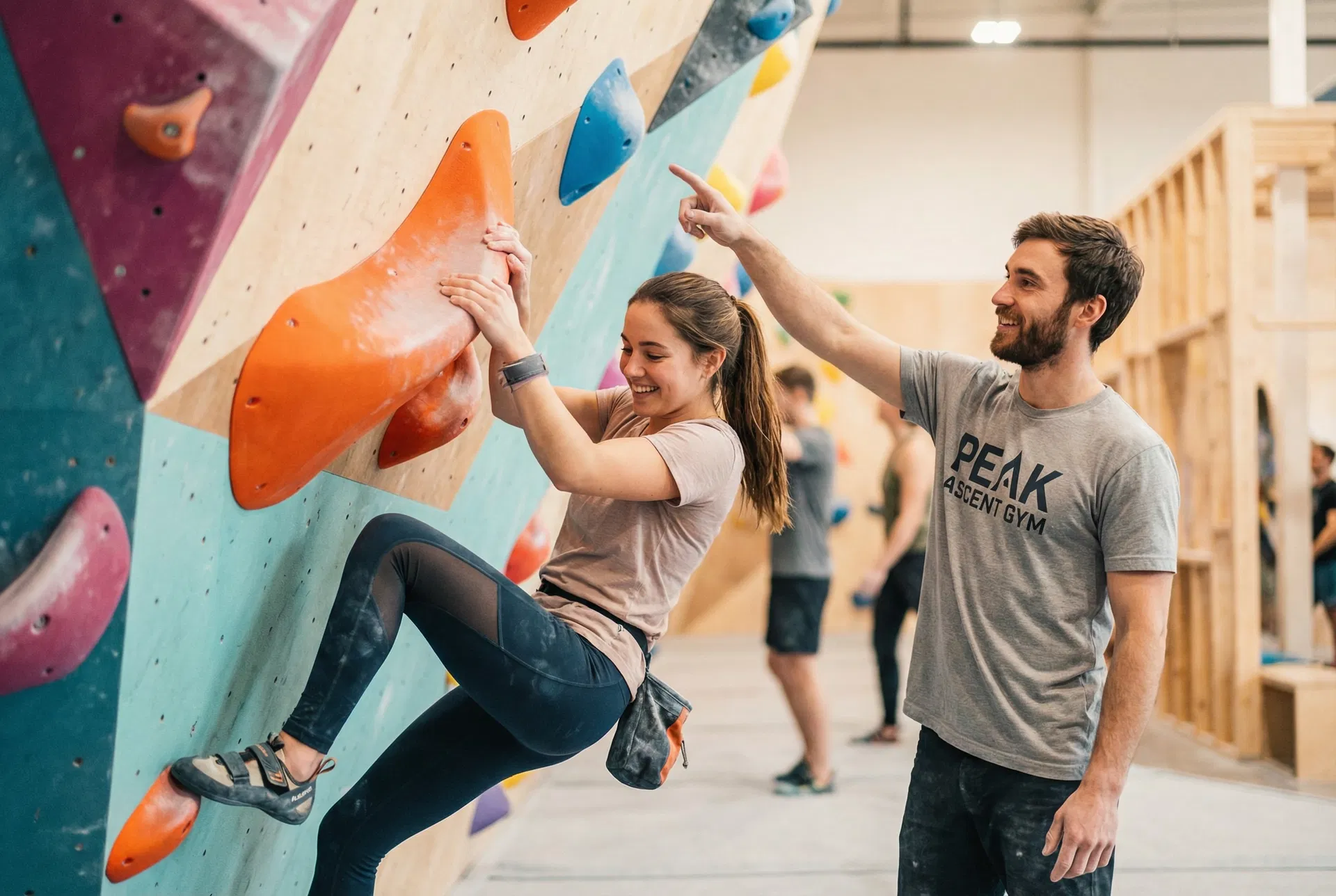 Beginner climber getting guided instruction at Grip It Climbing
