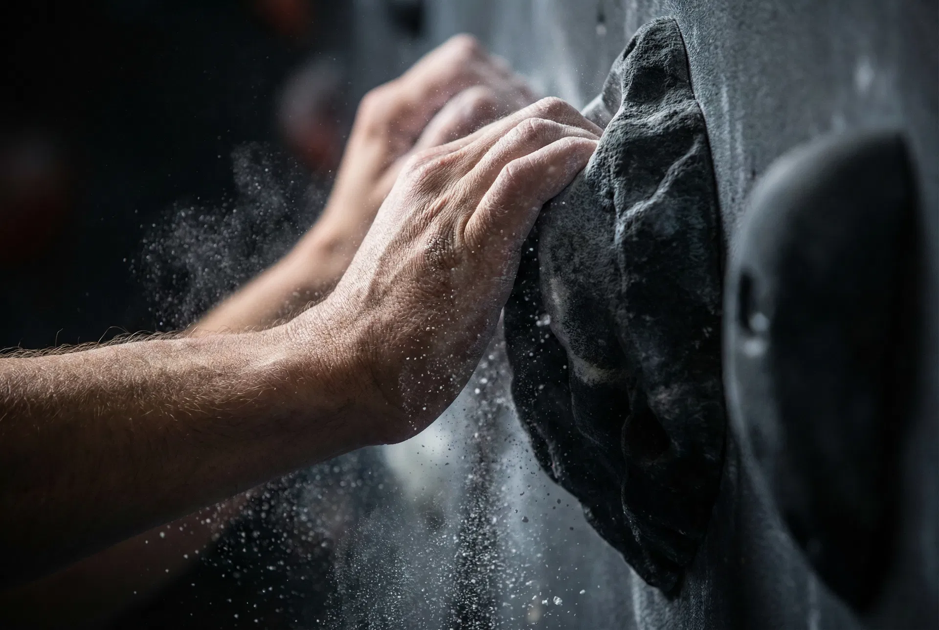 Climber gripping a hold with chalk dust — Grip It Climbing