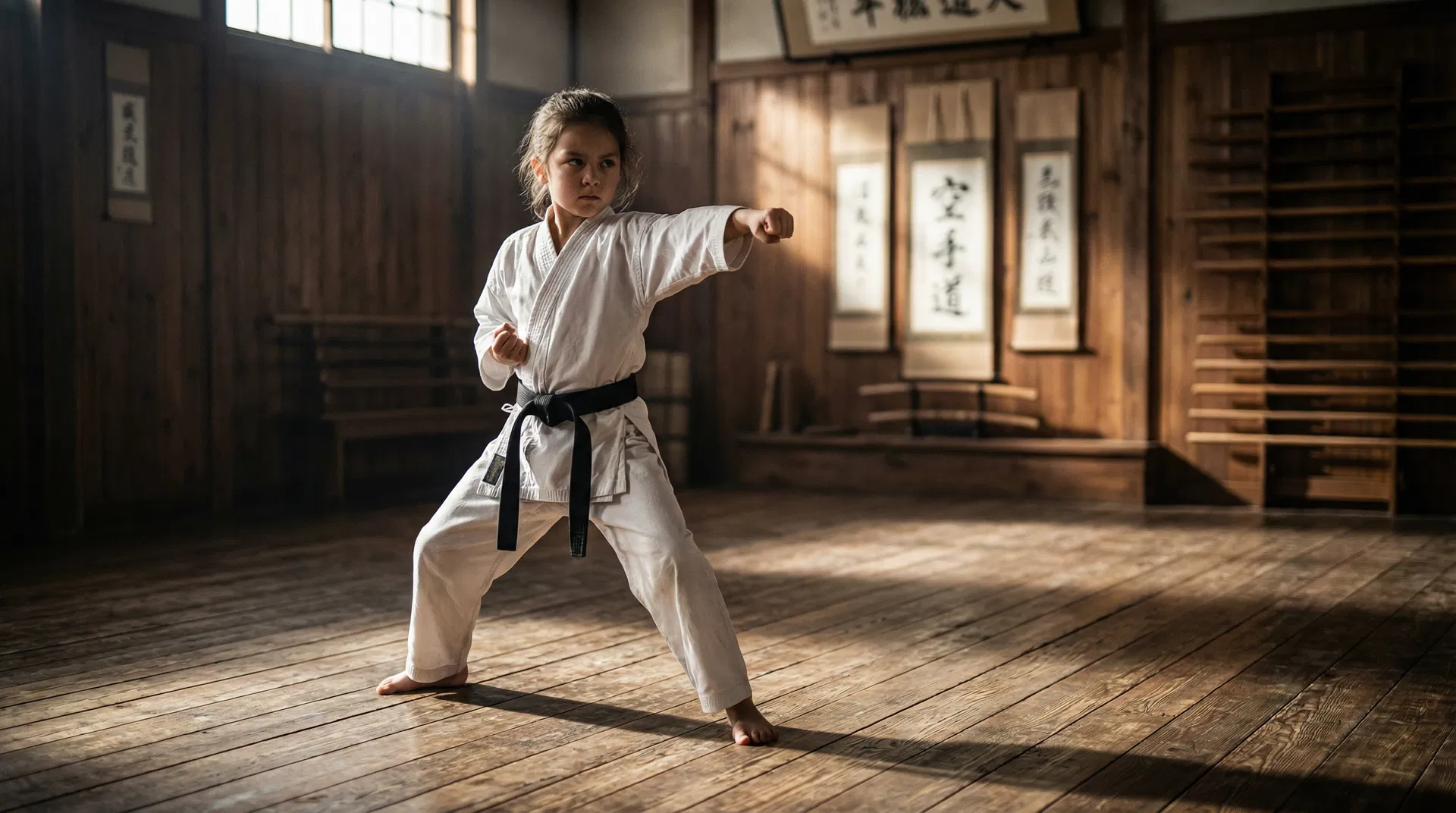 Kind im Karate-Gi in fokussierter Kampfhaltung