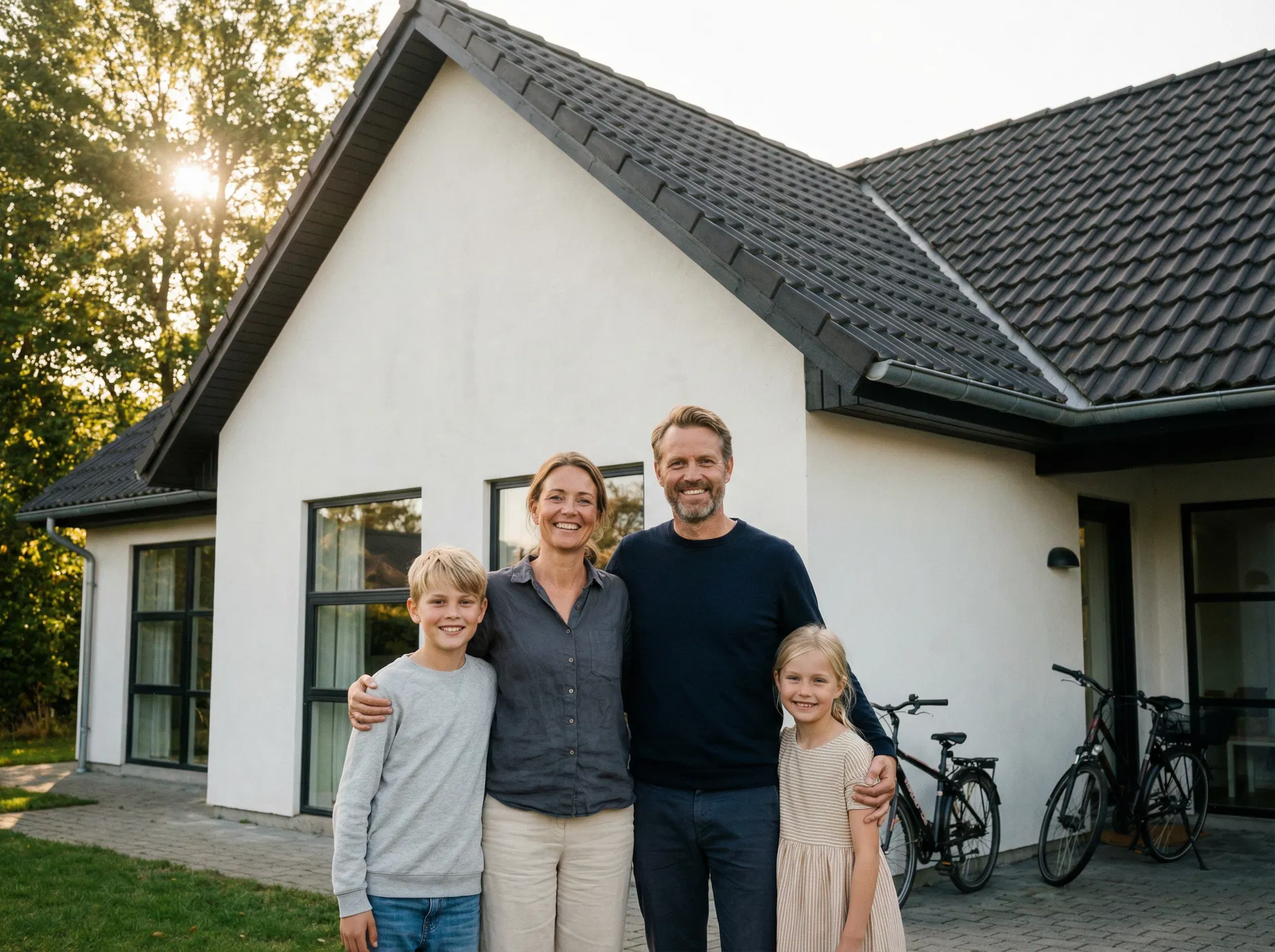 Glad dansk familie foran deres hus