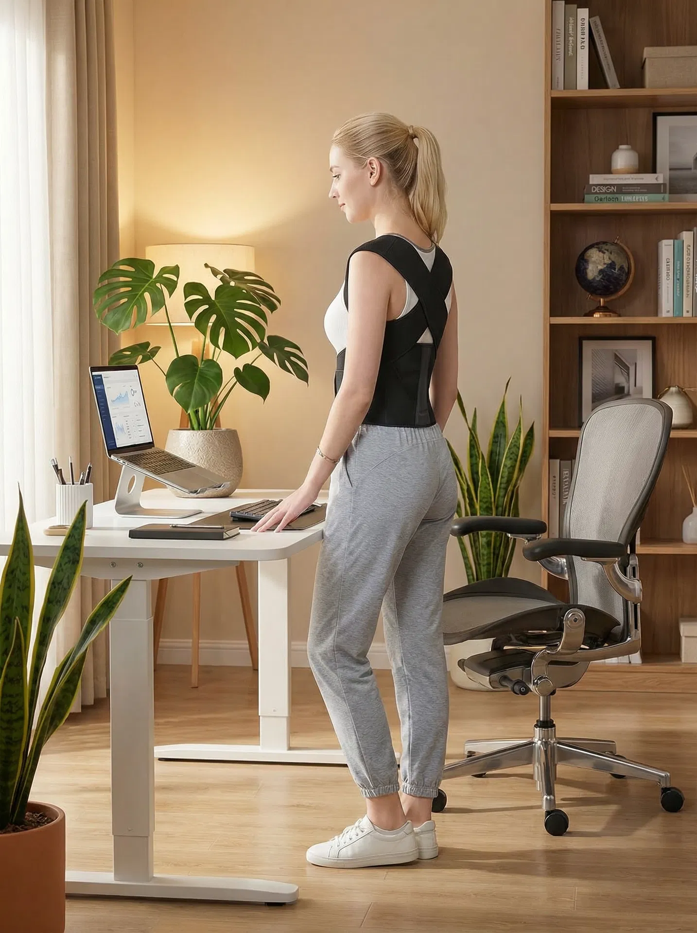 Woman wearing AlignaPulse Posture Corrector at standing desk