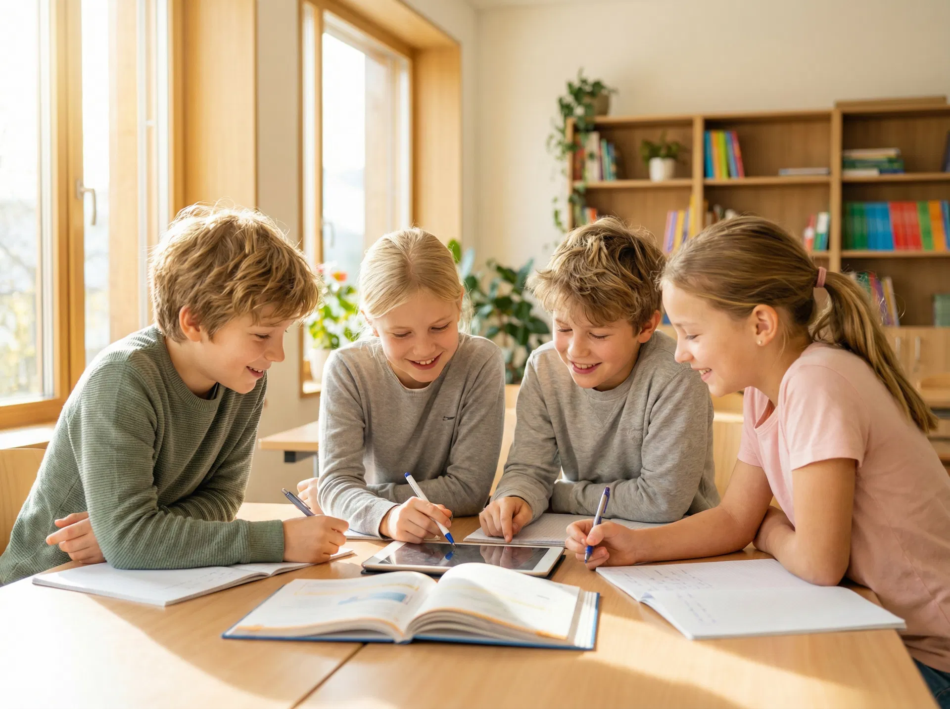 Gyerekek boldogan tanulnak együtt