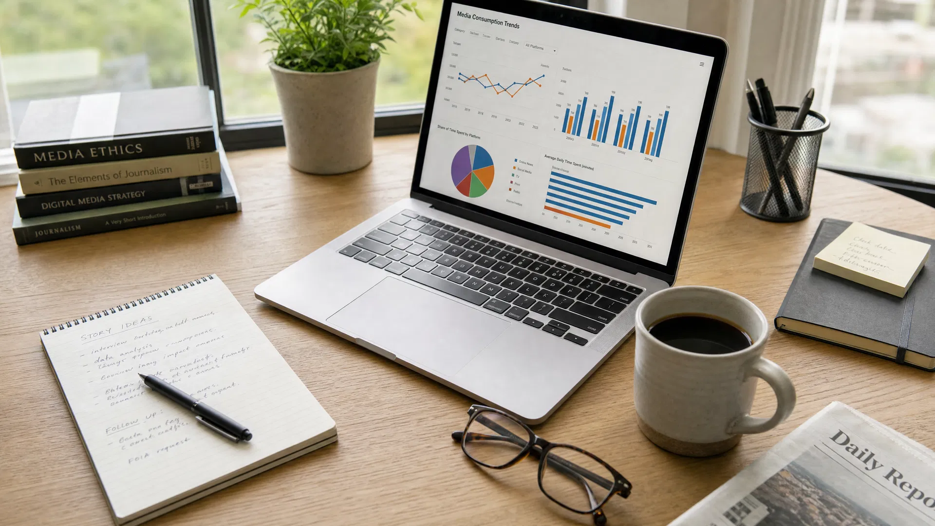 Redaktioneller Arbeitsplatz mit Laptop und Notizen