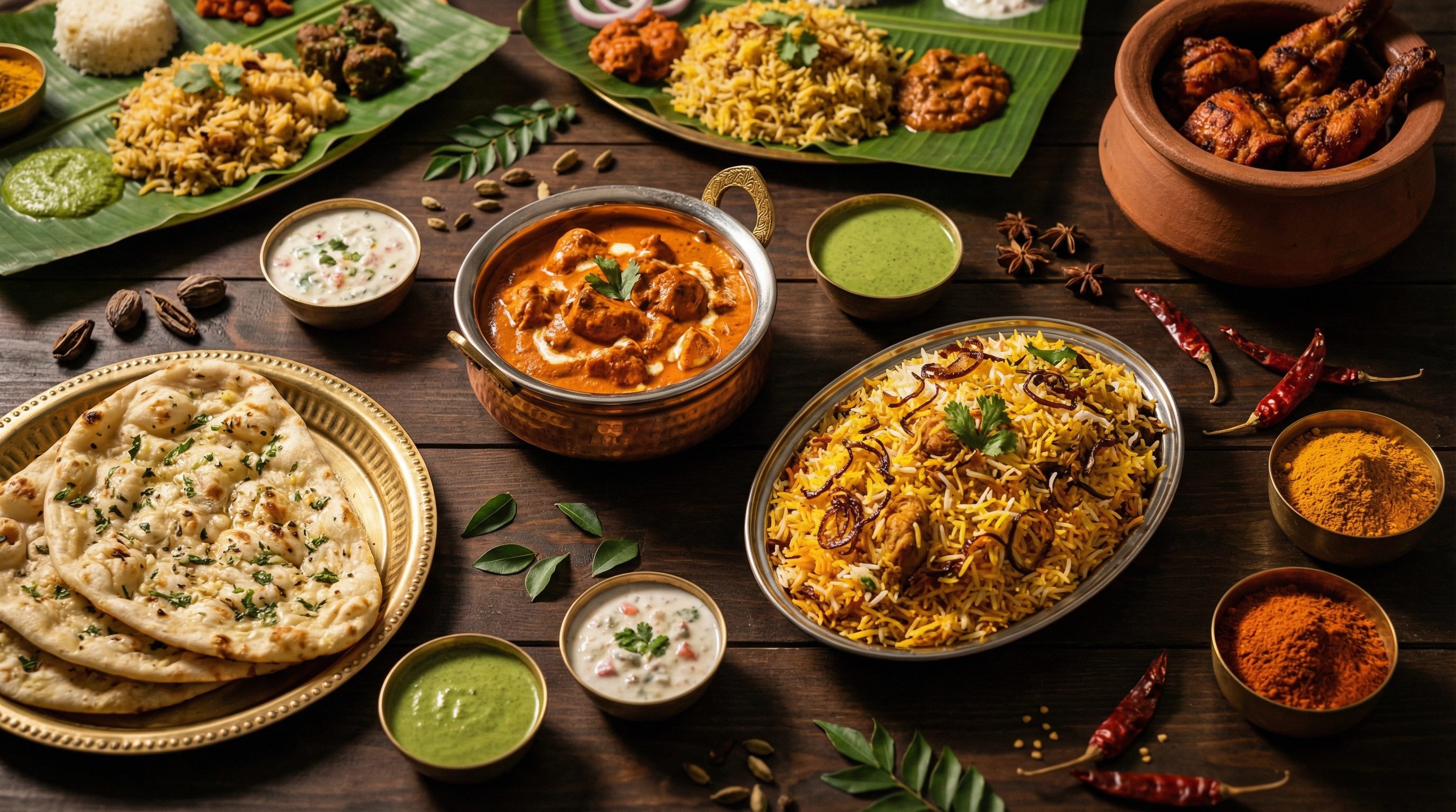 Authentic Indian food feast with biryani, butter chicken, naan, and spices
