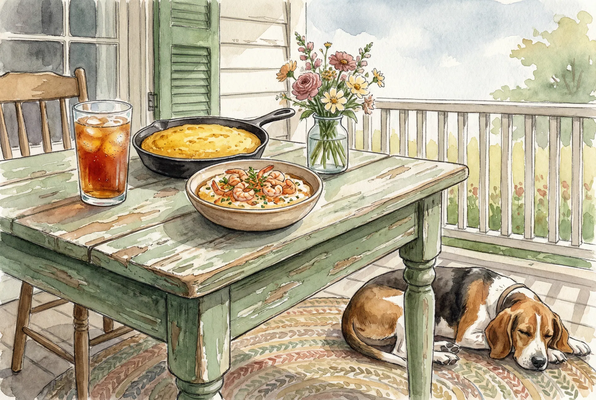 Southern porch life with sweet tea and sleeping hound dog