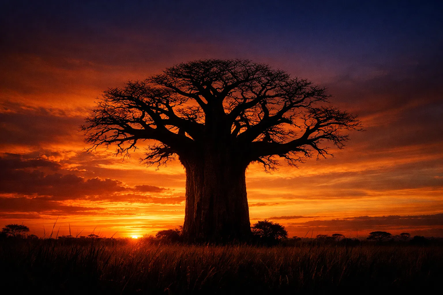 Ancient baobab tree at sunset