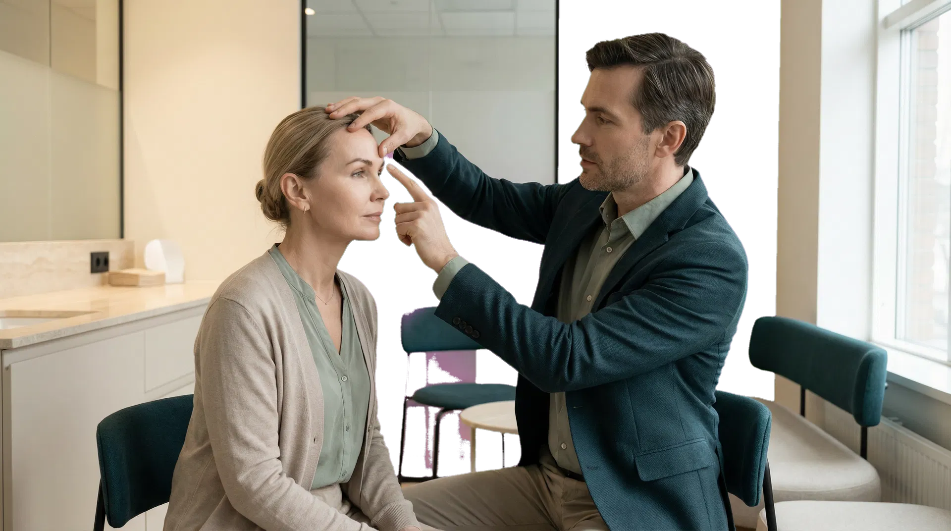 Konsultasjon hvor kirurg vurderer panne og bryn før panneløft.