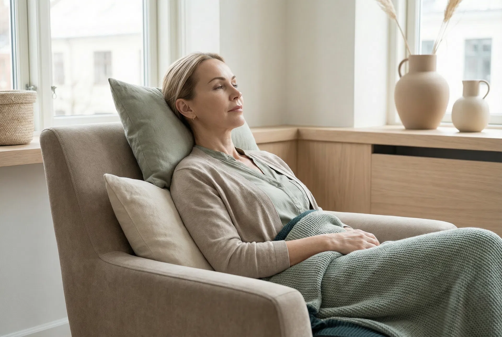 Rolig restitusjon etter panneløft i et lyst og skandinavisk miljø.