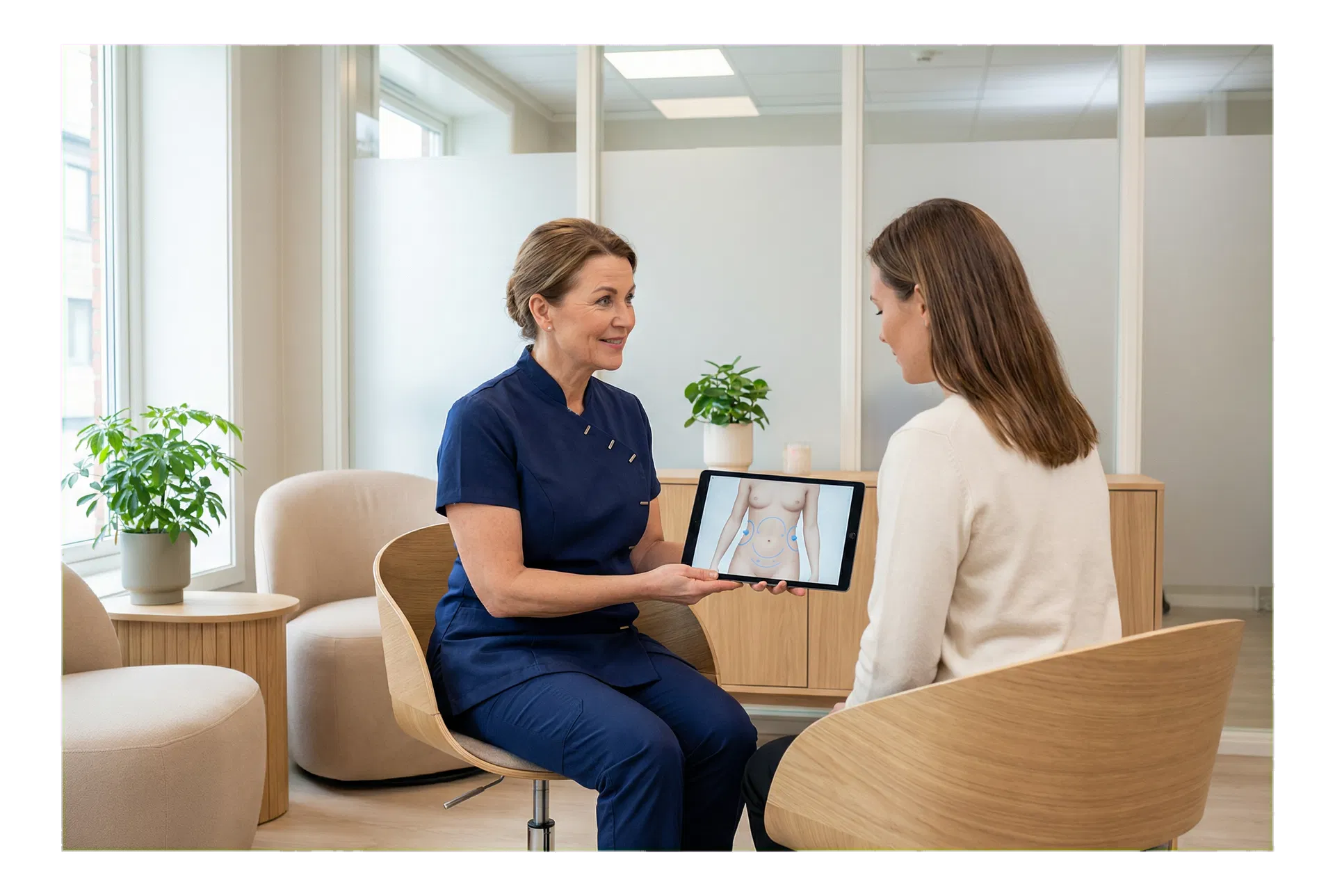 Konsultasjon mellom behandler og kunde i et lyst klinikkmiljø