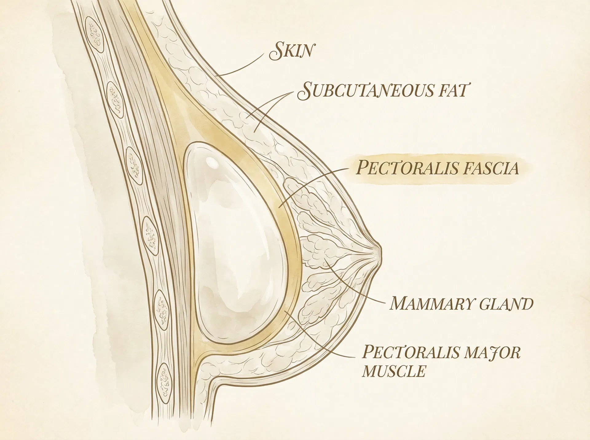 Anatomisk illustrasjon av subfascial implantatplassering