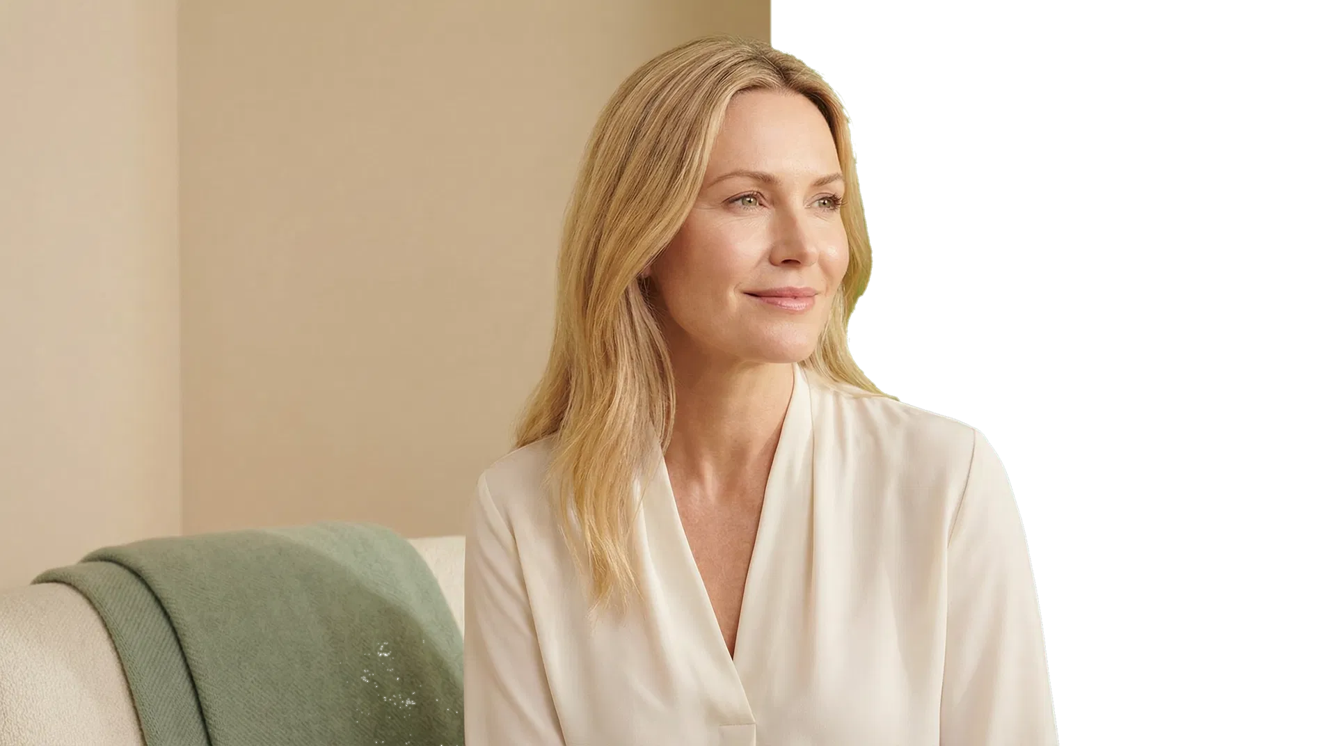 Kvinne med frisk og naturlig glød i rolig klinisk miljø