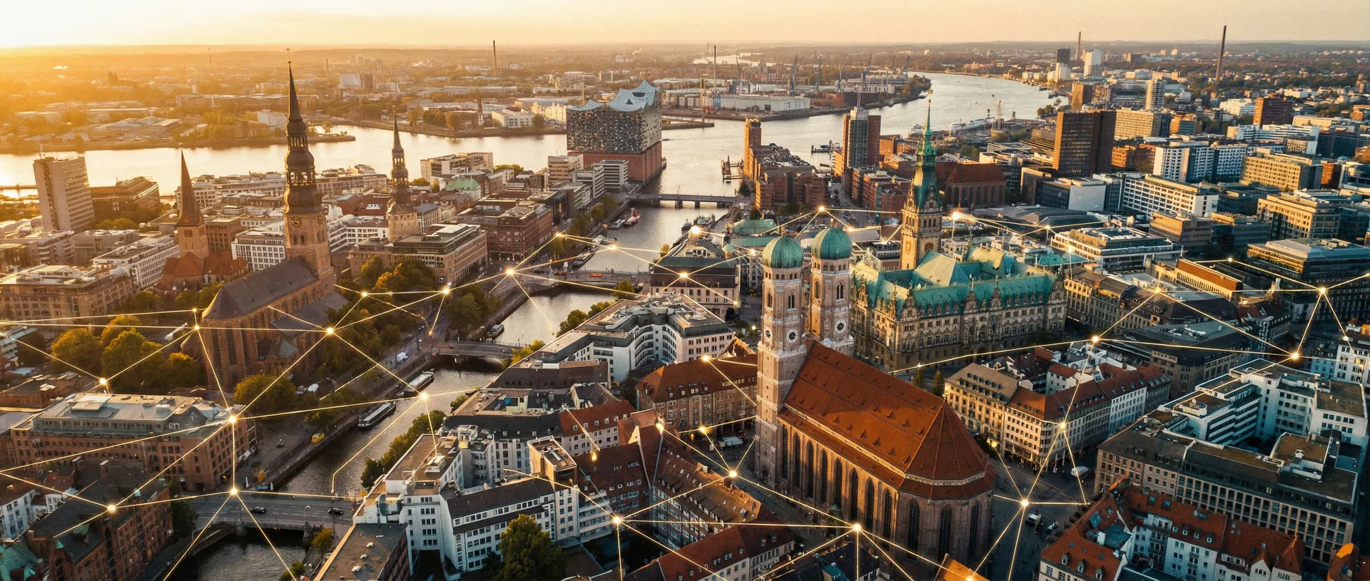Deutschlandweites Netzwerk – Luftaufnahme einer deutschen Stadt bei Sonnenuntergang