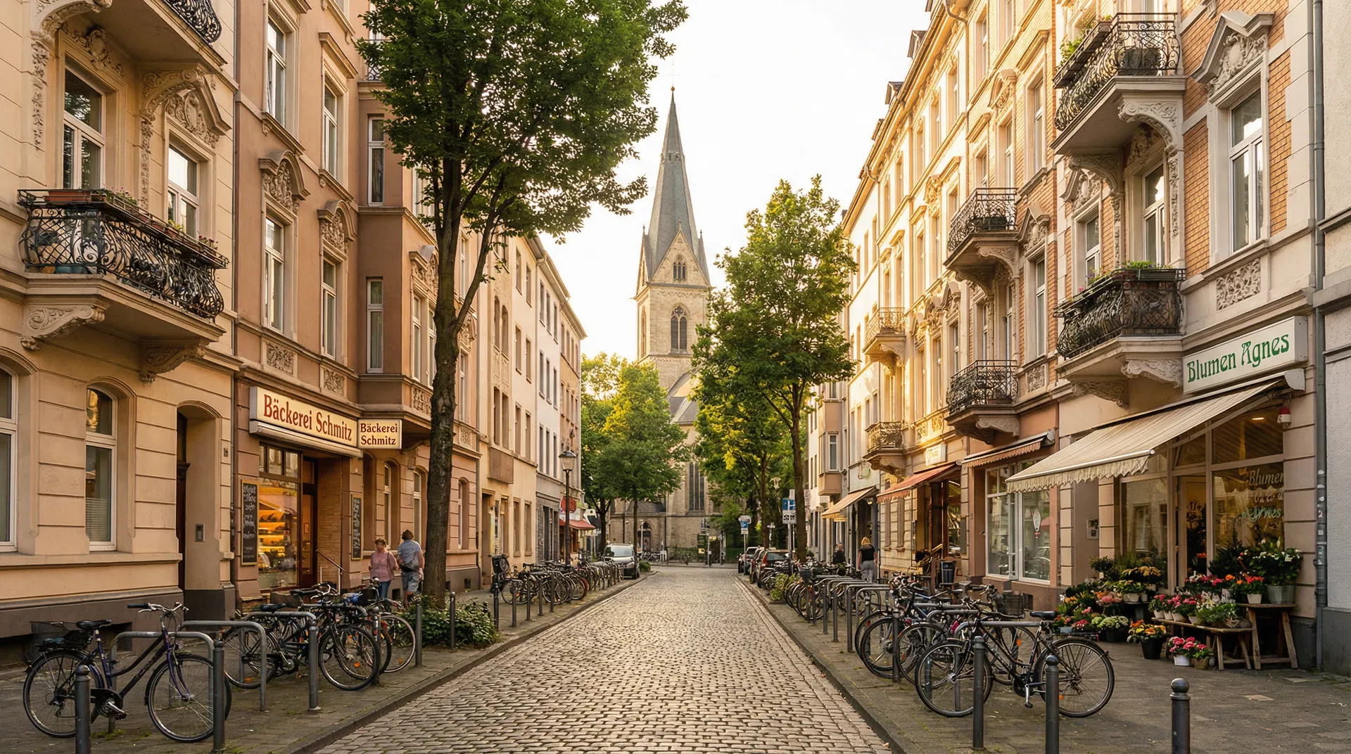 Gründerzeit-Wohnstraße im Agnesviertel mit Blick auf die Agneskirche