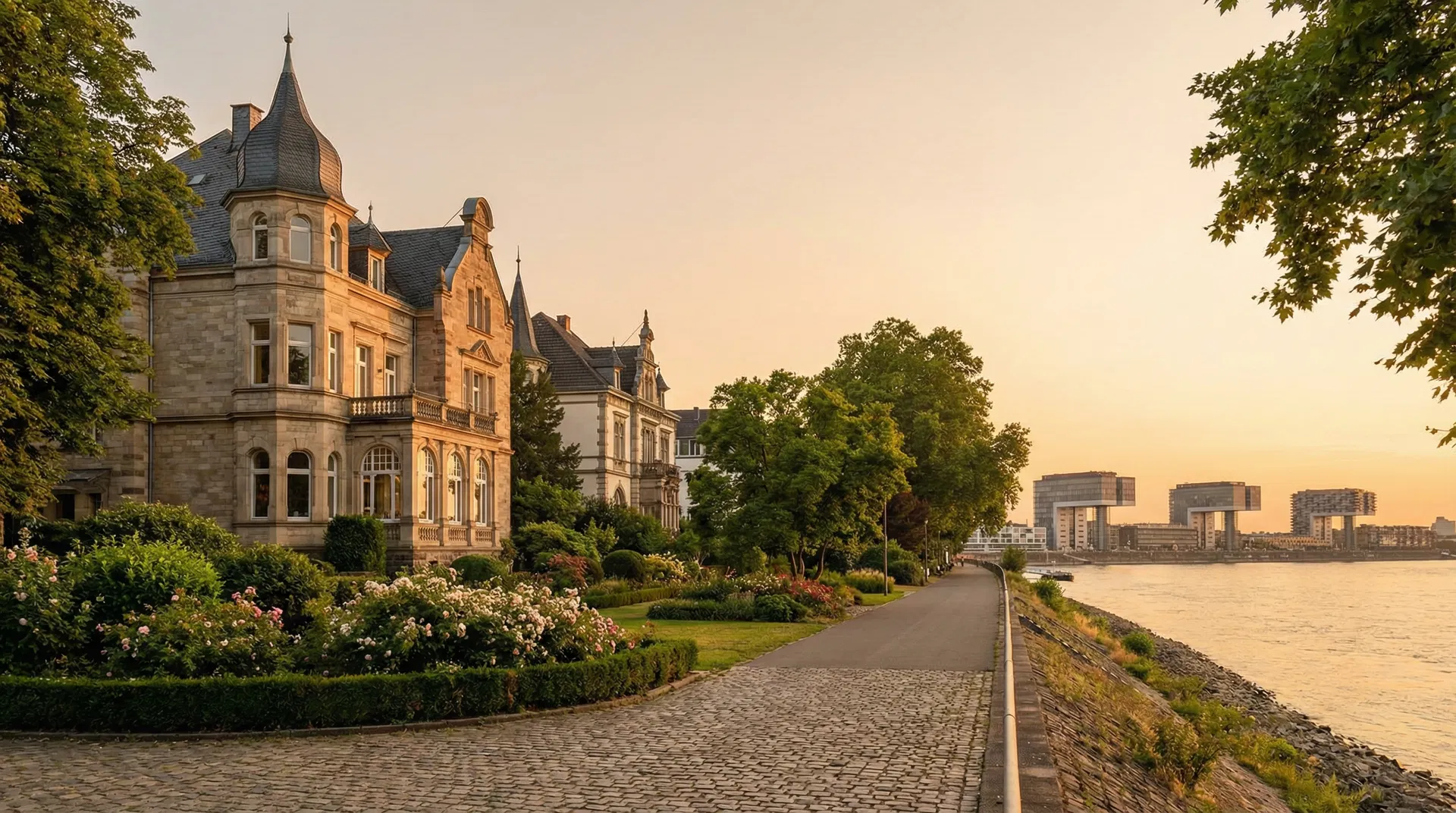 Gründerzeit-Villen am Rheinufer in Köln-Bayenthal mit Blick auf den Rheinauhafen
