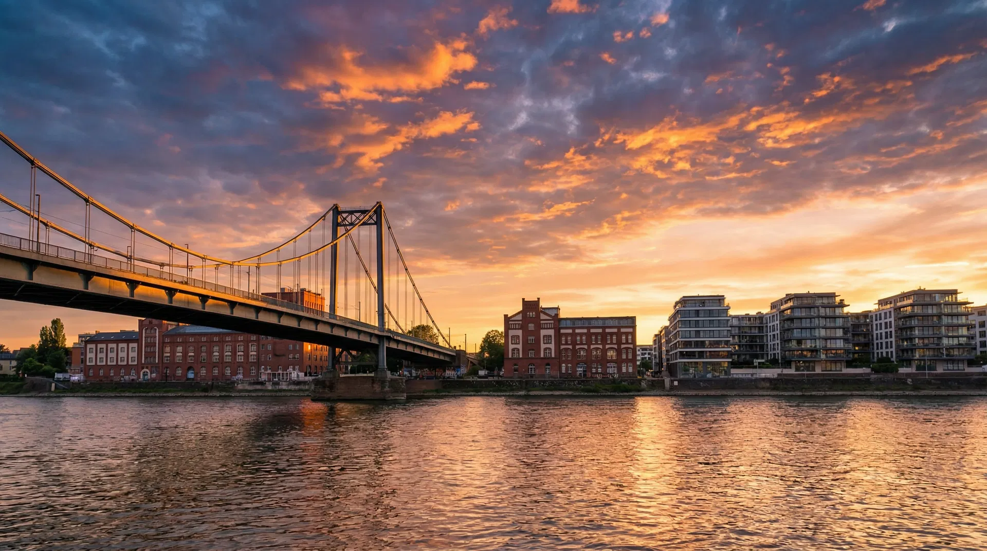 Mülheimer Brücke über den Rhein mit Blick auf Köln-Mülheim bei Sonnenuntergang