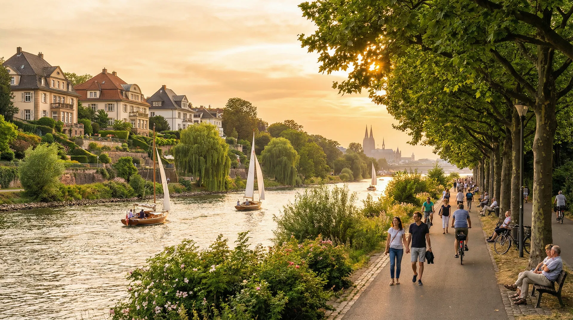 Rheinpromenade in Köln-Rodenkirchen mit Villen und Segelbooten