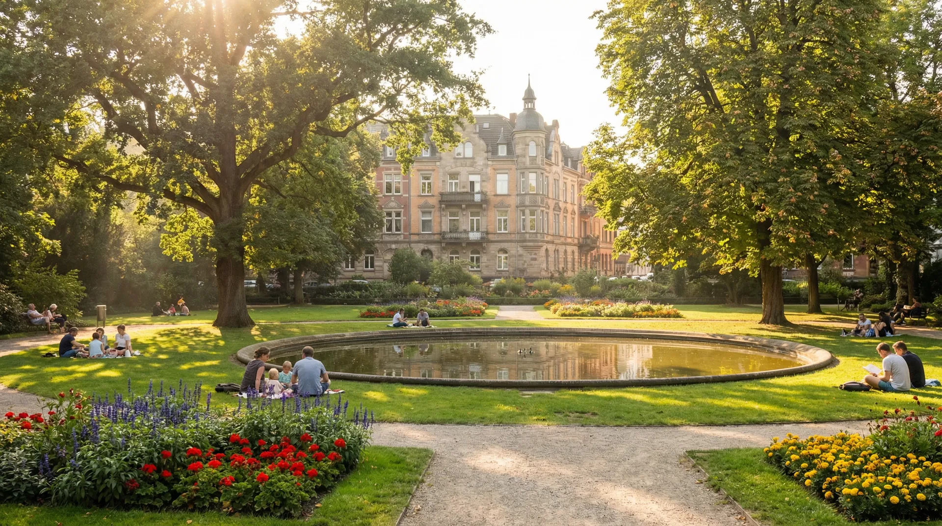 Volksgarten in der Kölner Südstadt mit Gründerzeit-Gebäuden im Hintergrund