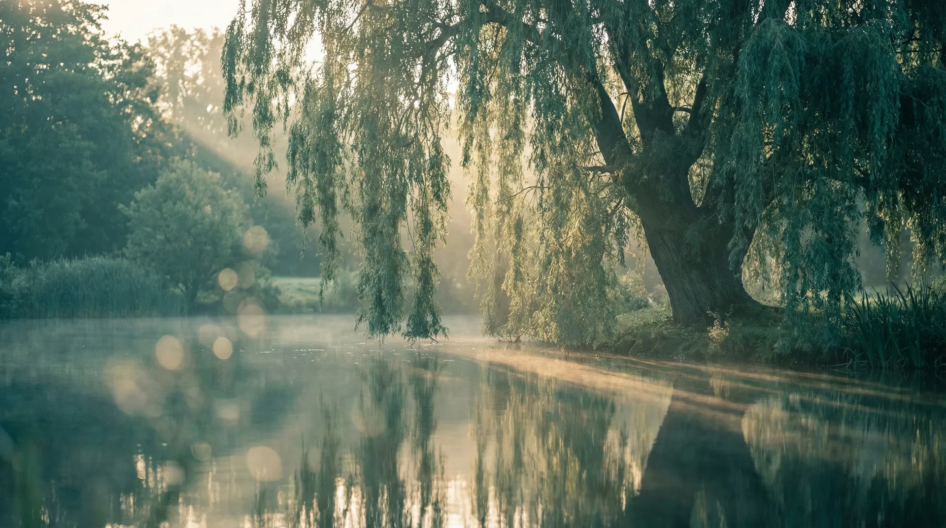 Willow tree by a calm pond at sunrise