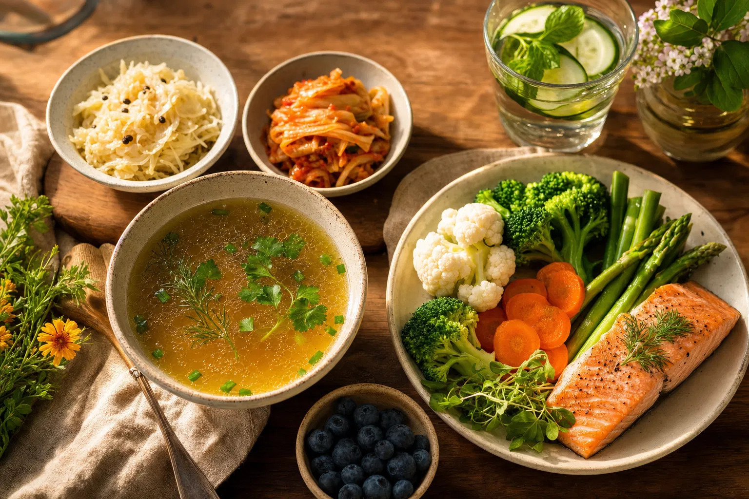 Nourishing gut-healing meal with bone broth, salmon, fermented vegetables and blueberries