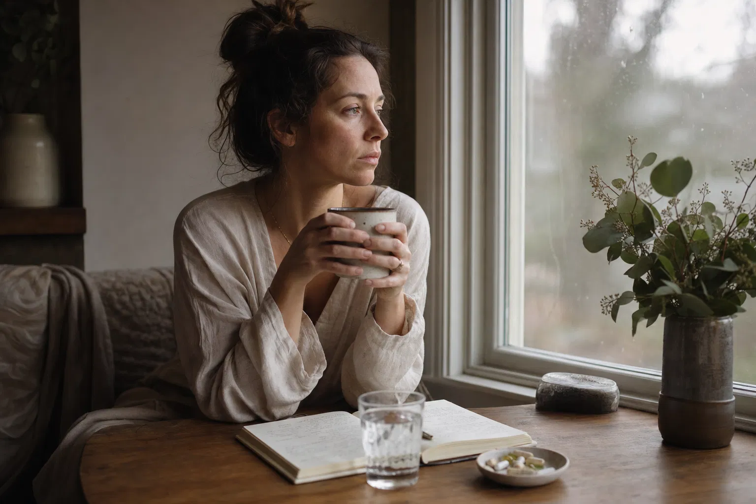 Woman looking out window with fatigue, journal and supplements on table
