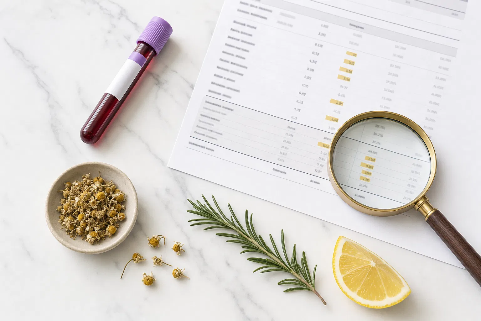 Lab report, blood tube, magnifying glass and botanicals on white marble