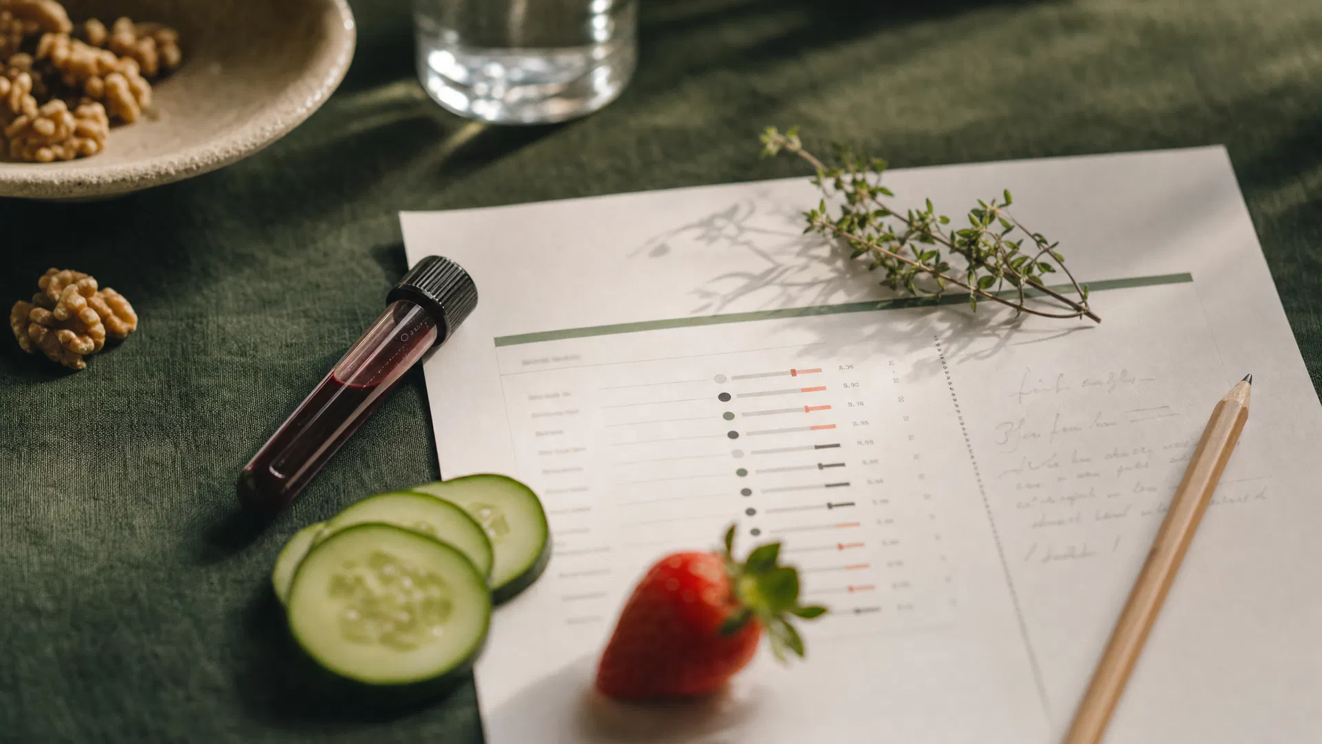 MRT food sensitivity testing — lab report, blood vial, and whole foods on green linen