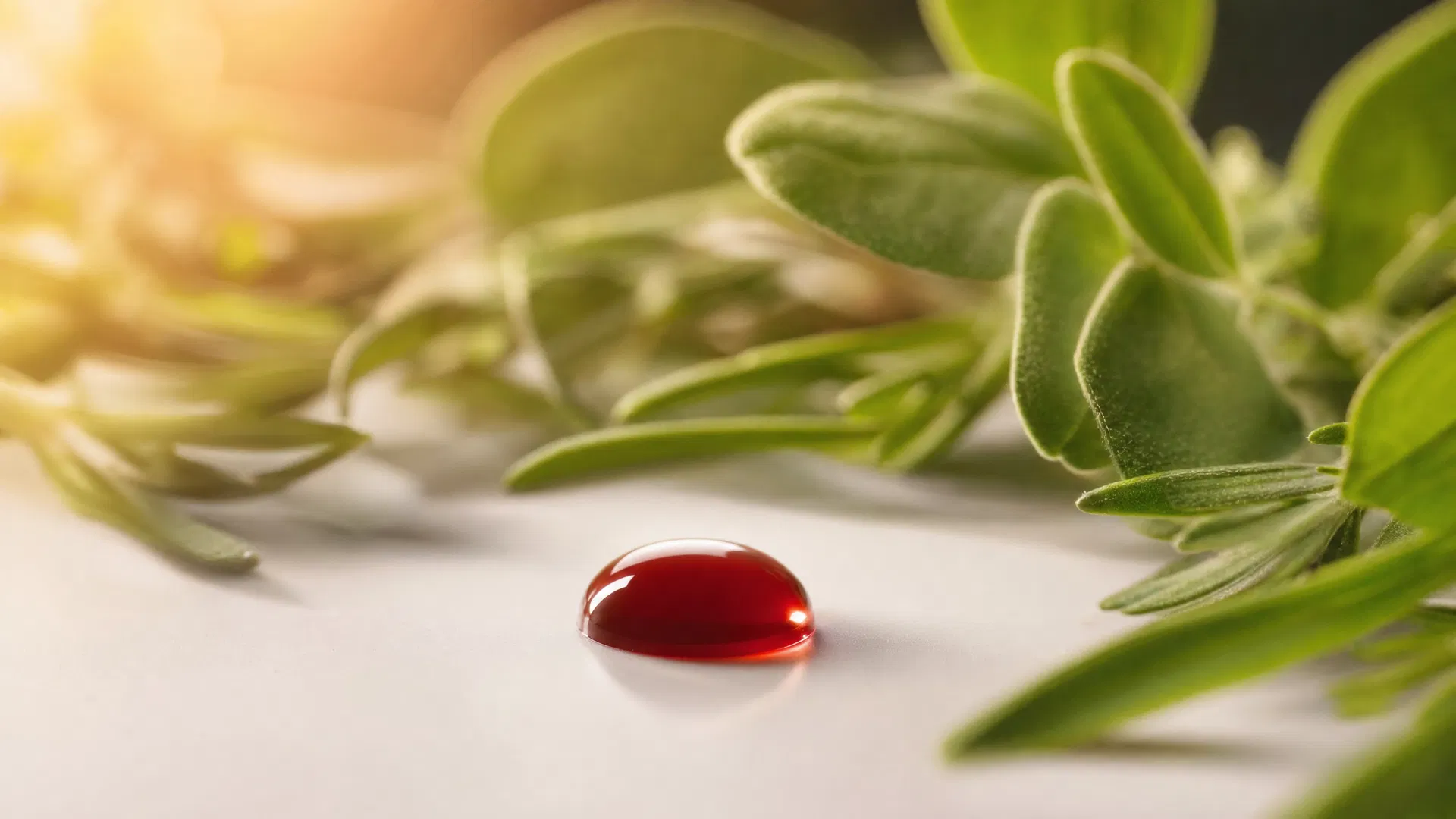 Close-up of a blood drop on white surface with green botanical leaves — representing immune response to food
