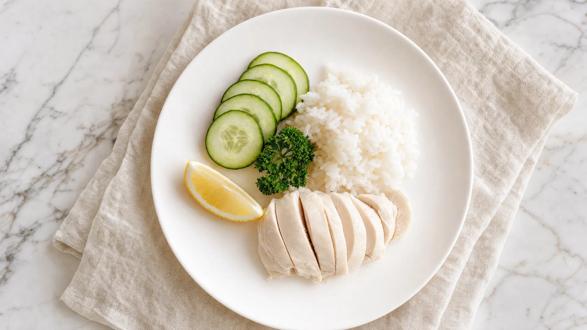 Simple LEAP diet meal — poached chicken, white rice, cucumber, and lemon on a white plate